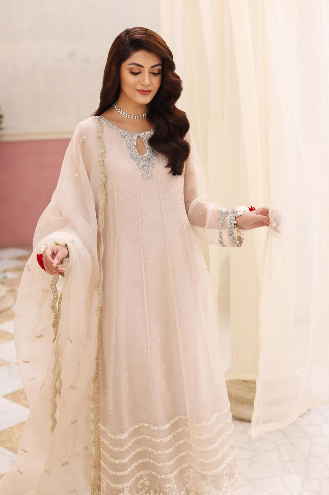 Ivory Zardozi Raw Silk Pishwas Dress (3-Piece) - Image 3