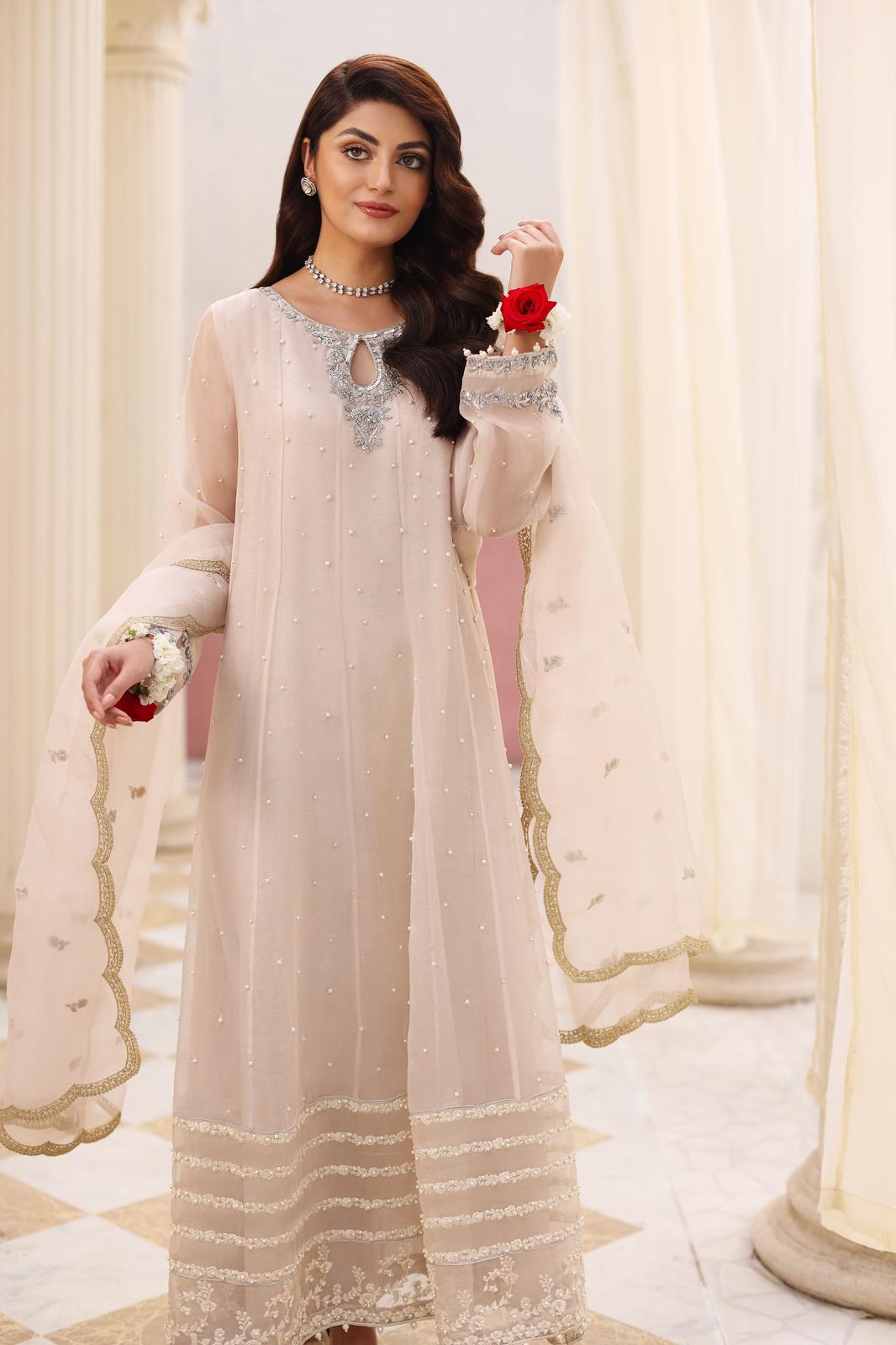 Ivory Zardozi Raw Silk Pishwas Dress (3-Piece) - Image 4