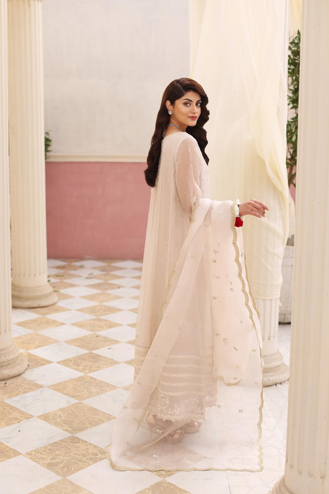 Ivory Zardozi Raw Silk Pishwas Dress (3-Piece) - Image 5