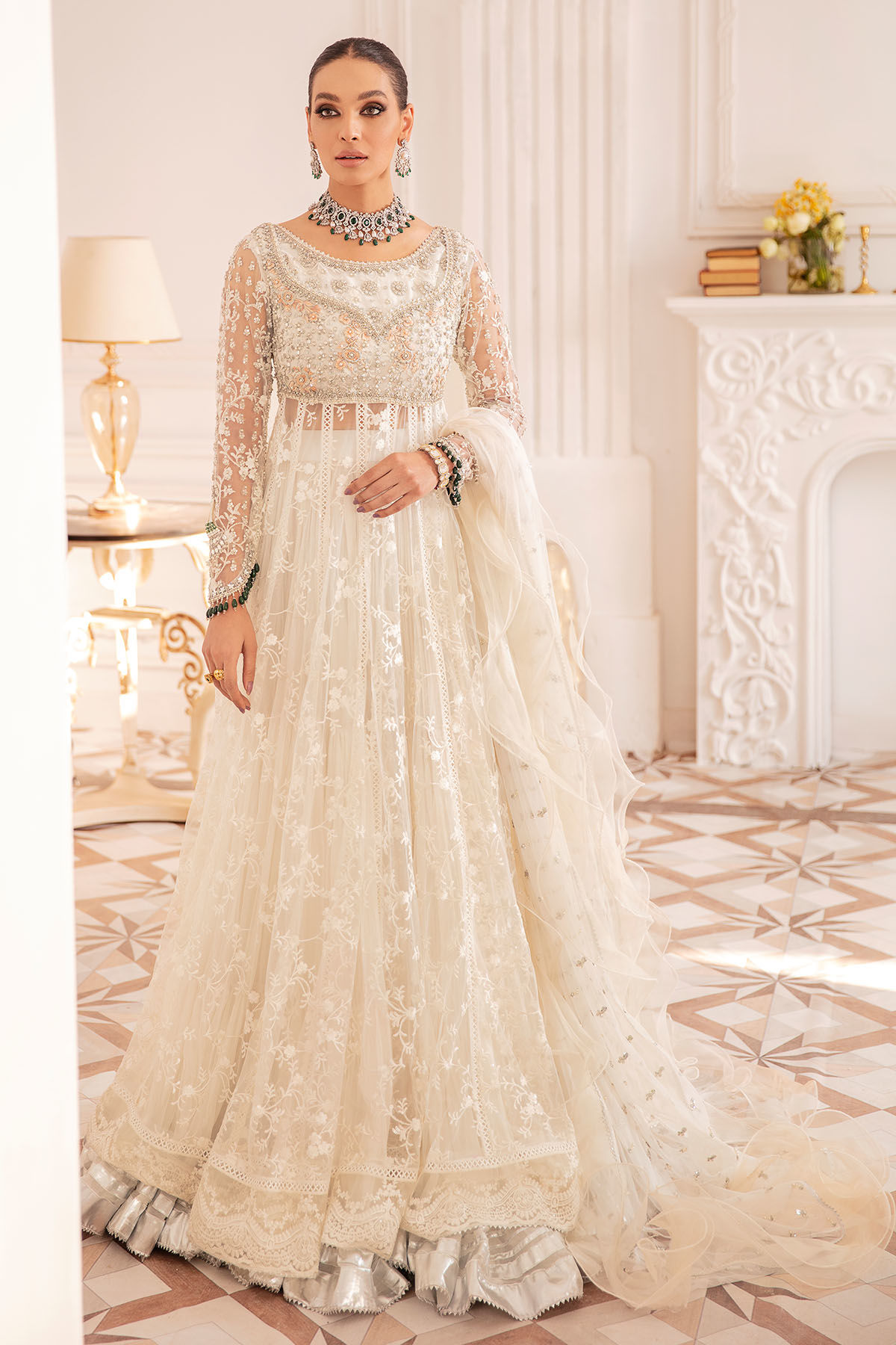 Pakistani White Self-Embroidered Net Pishwas Dress (3-Piece) - Image 1