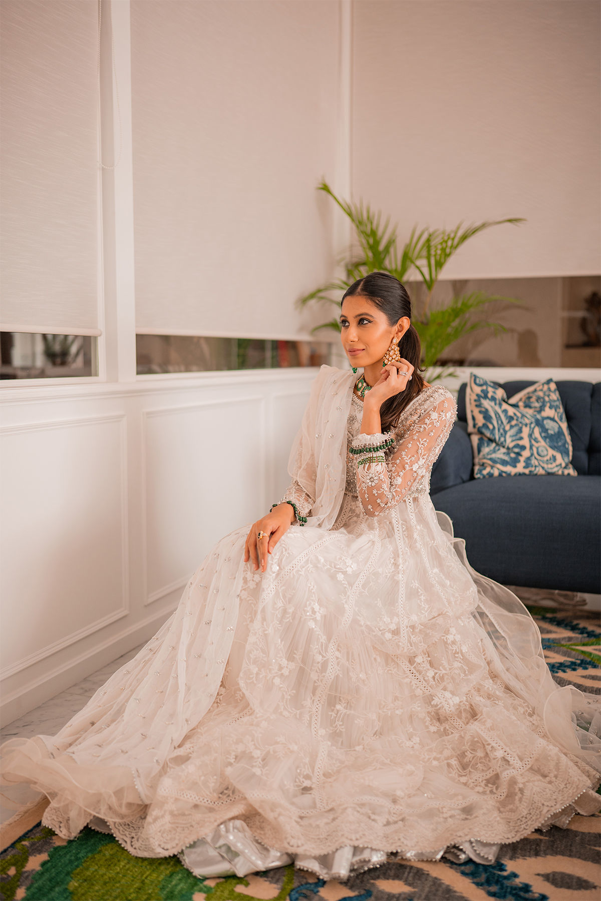 Pakistani White Self-Embroidered Net Pishwas Dress (3-Piece) - Image 10