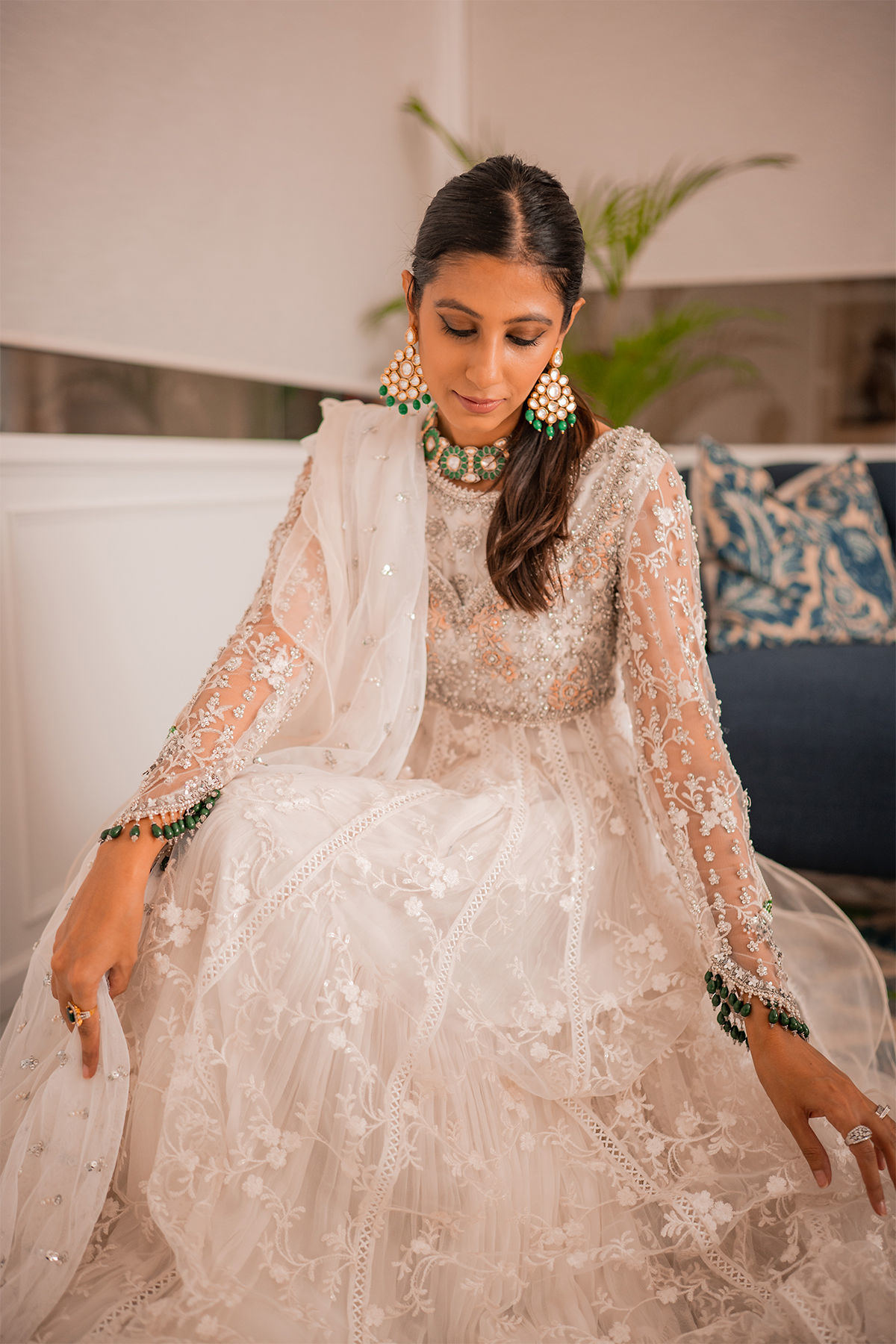 Pakistani White Self-Embroidered Net Pishwas Dress (3-Piece) - Image 11