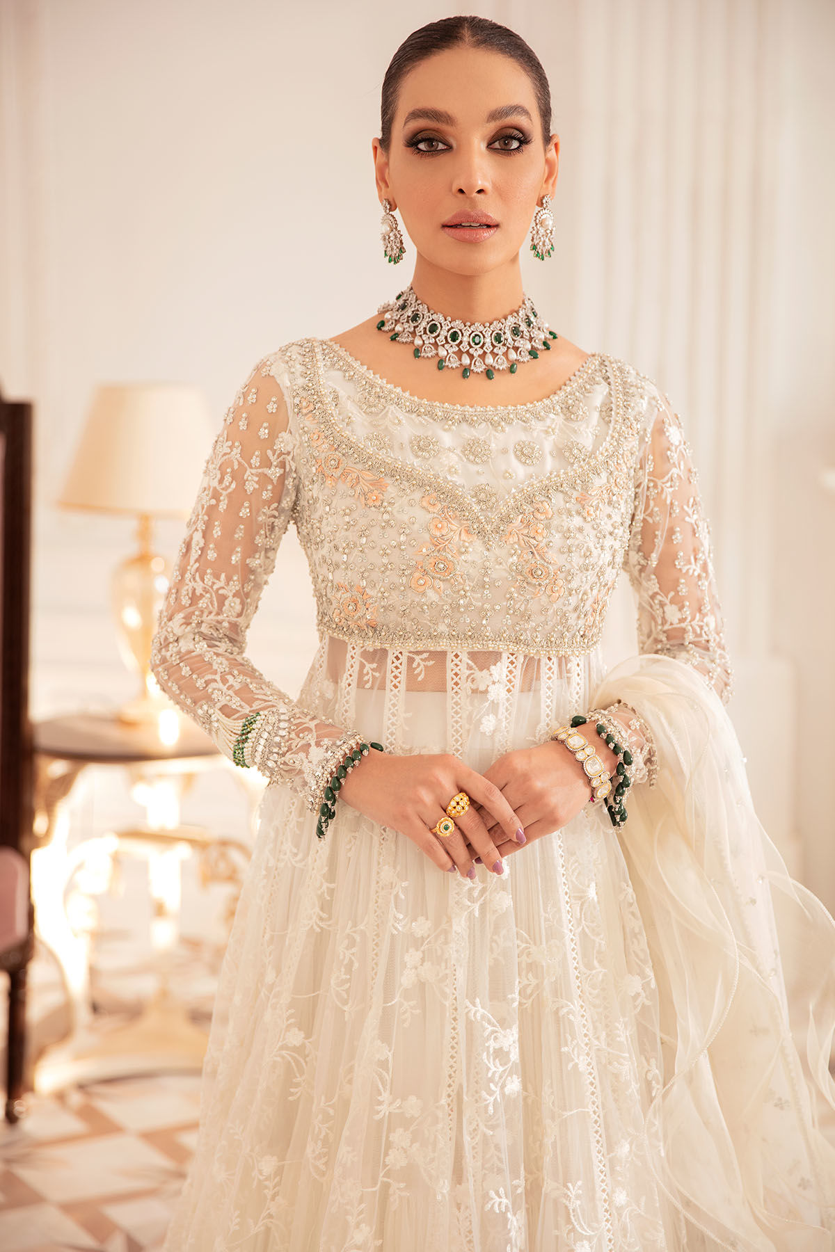 Pakistani White Self-Embroidered Net Pishwas Dress (3-Piece) - Image 2