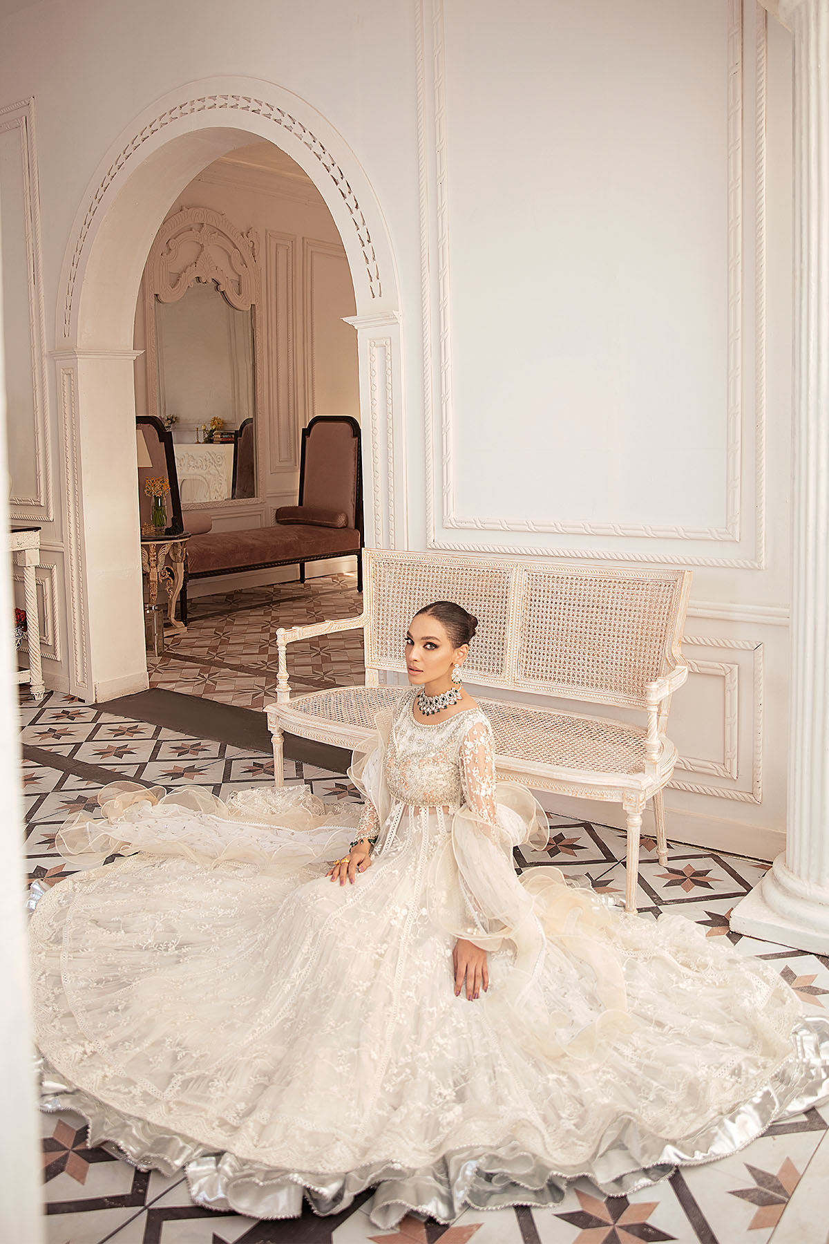 Pakistani White Self-Embroidered Net Pishwas Dress (3-Piece) - Image 3