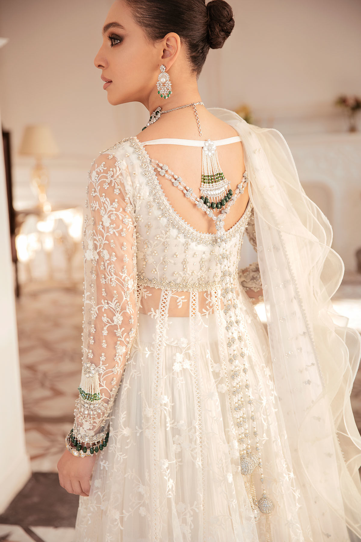 Pakistani White Self-Embroidered Net Pishwas Dress (3-Piece) - Image 4