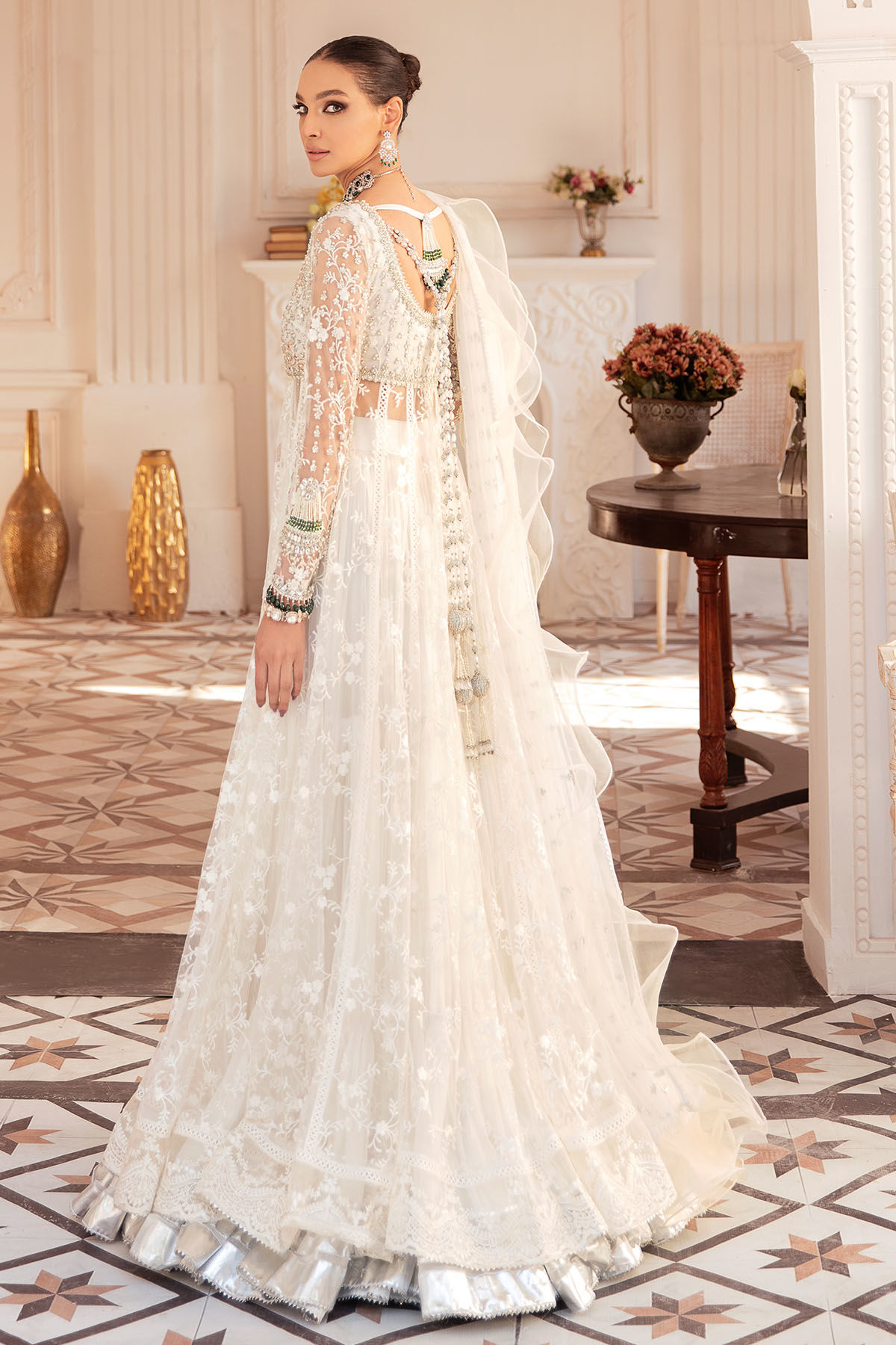 Pakistani White Self-Embroidered Net Pishwas Dress (3-Piece) - Image 5