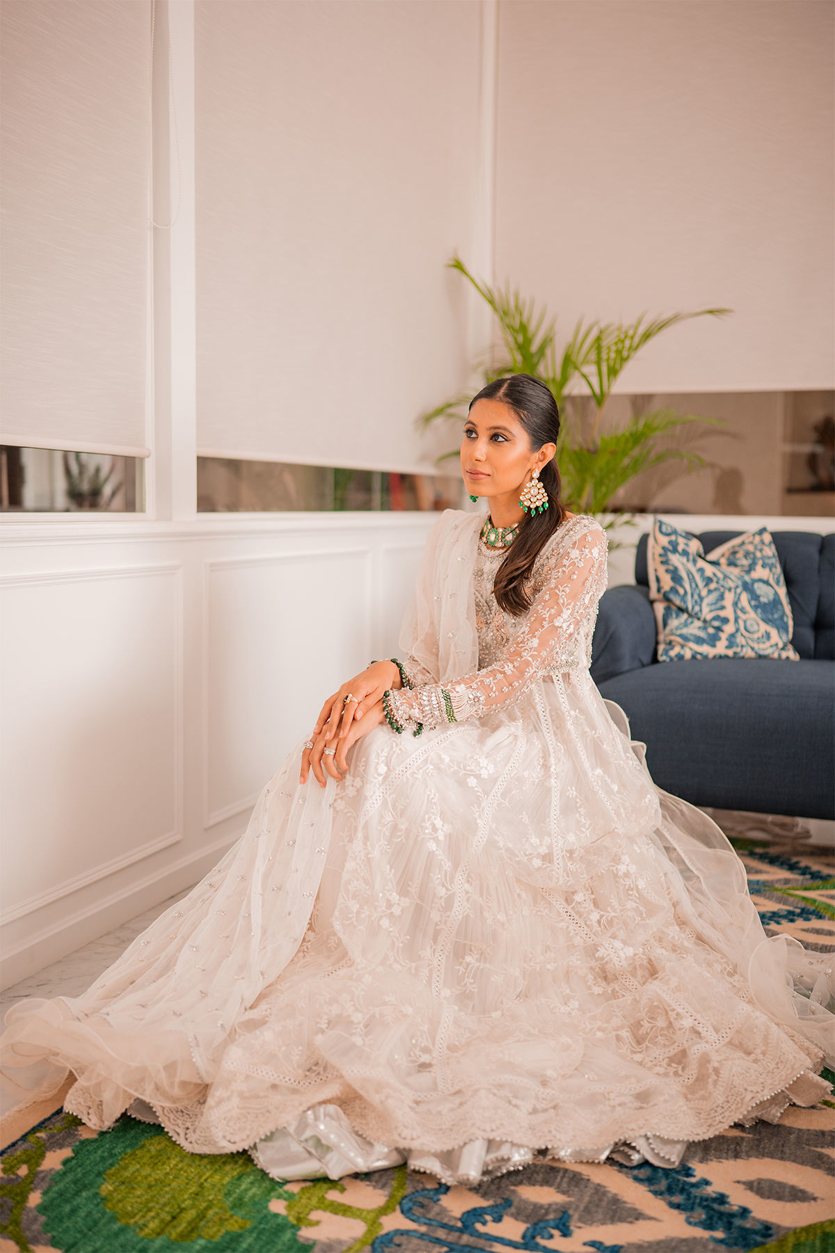 Pakistani White Self-Embroidered Net Pishwas Dress (3-Piece) - Image 8