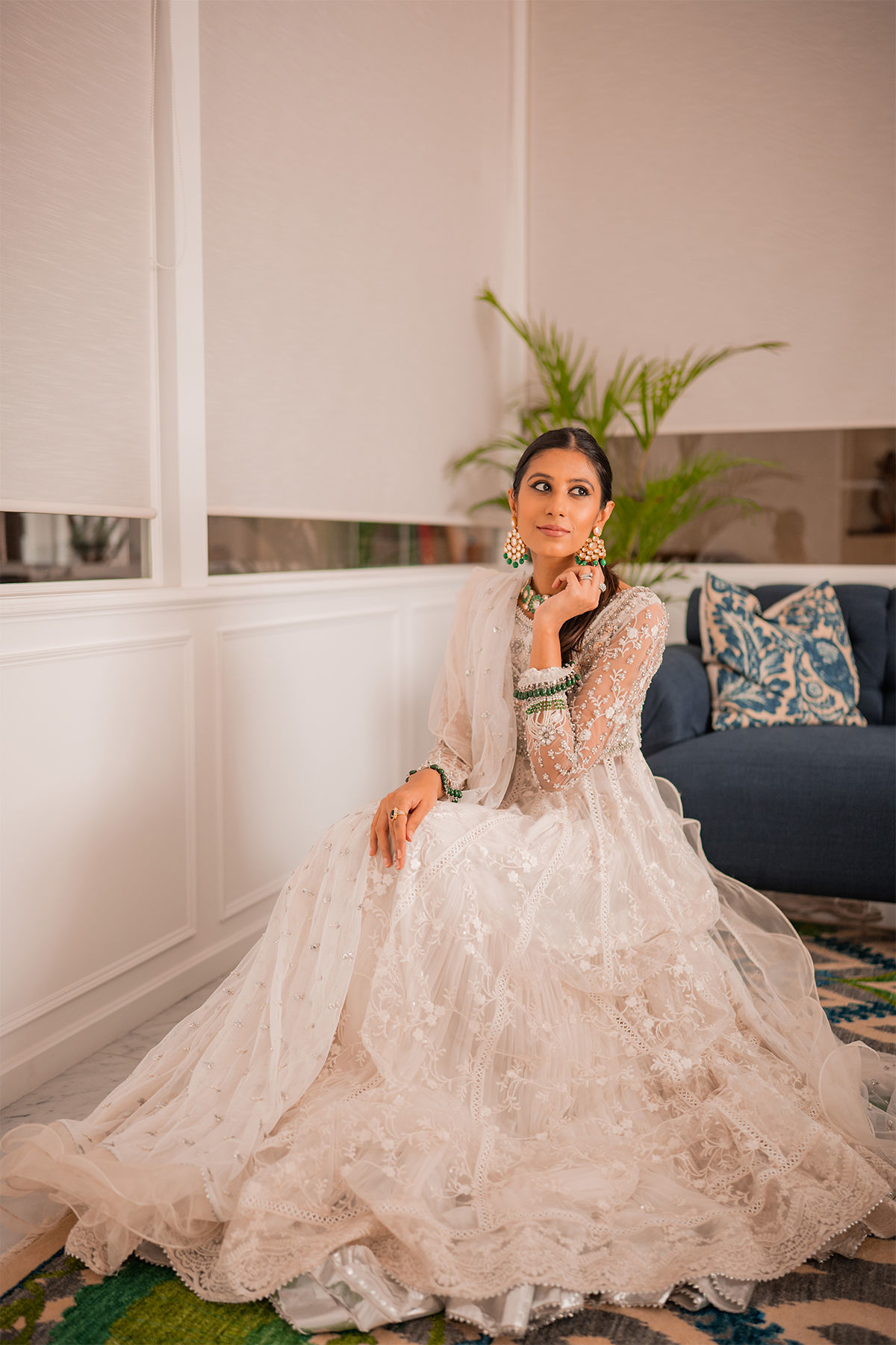 Pakistani White Self-Embroidered Net Pishwas Dress (3-Piece) - Image 9