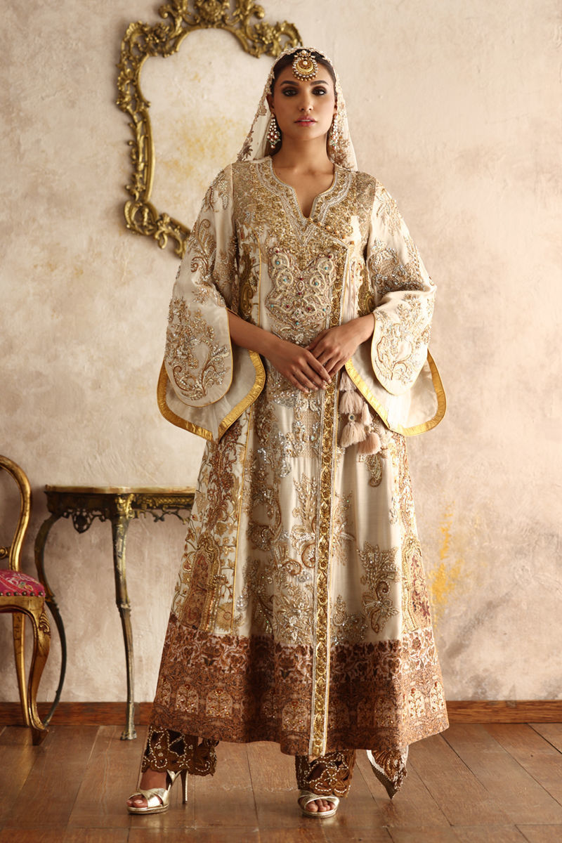 Pakistani Ivory Adda & Tilla Silk Pishwas Dress (3-Piece) - Image 1