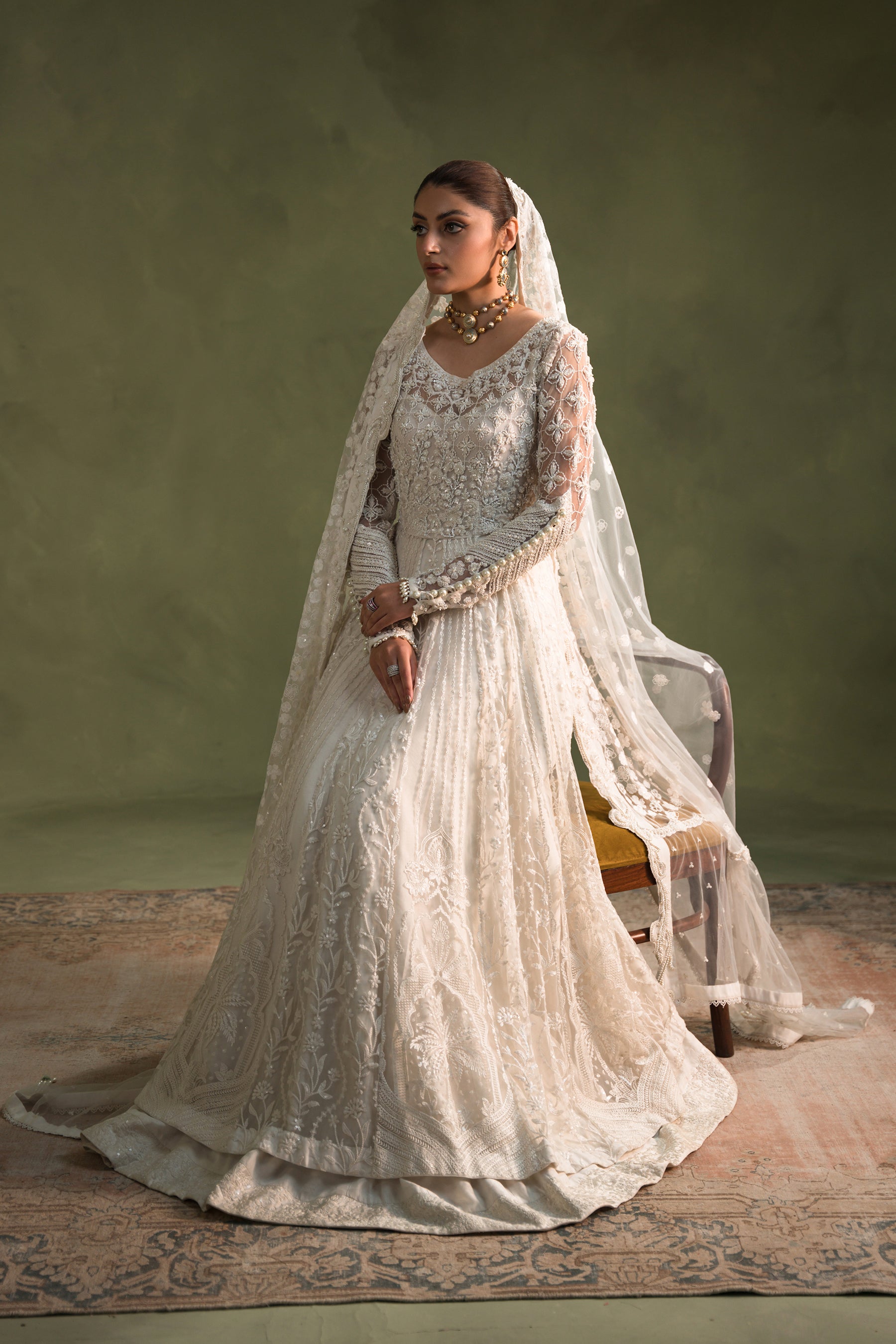 Pakistani Pearl Embroidered Net Silk Pishwas (3-Piece) - Image 3