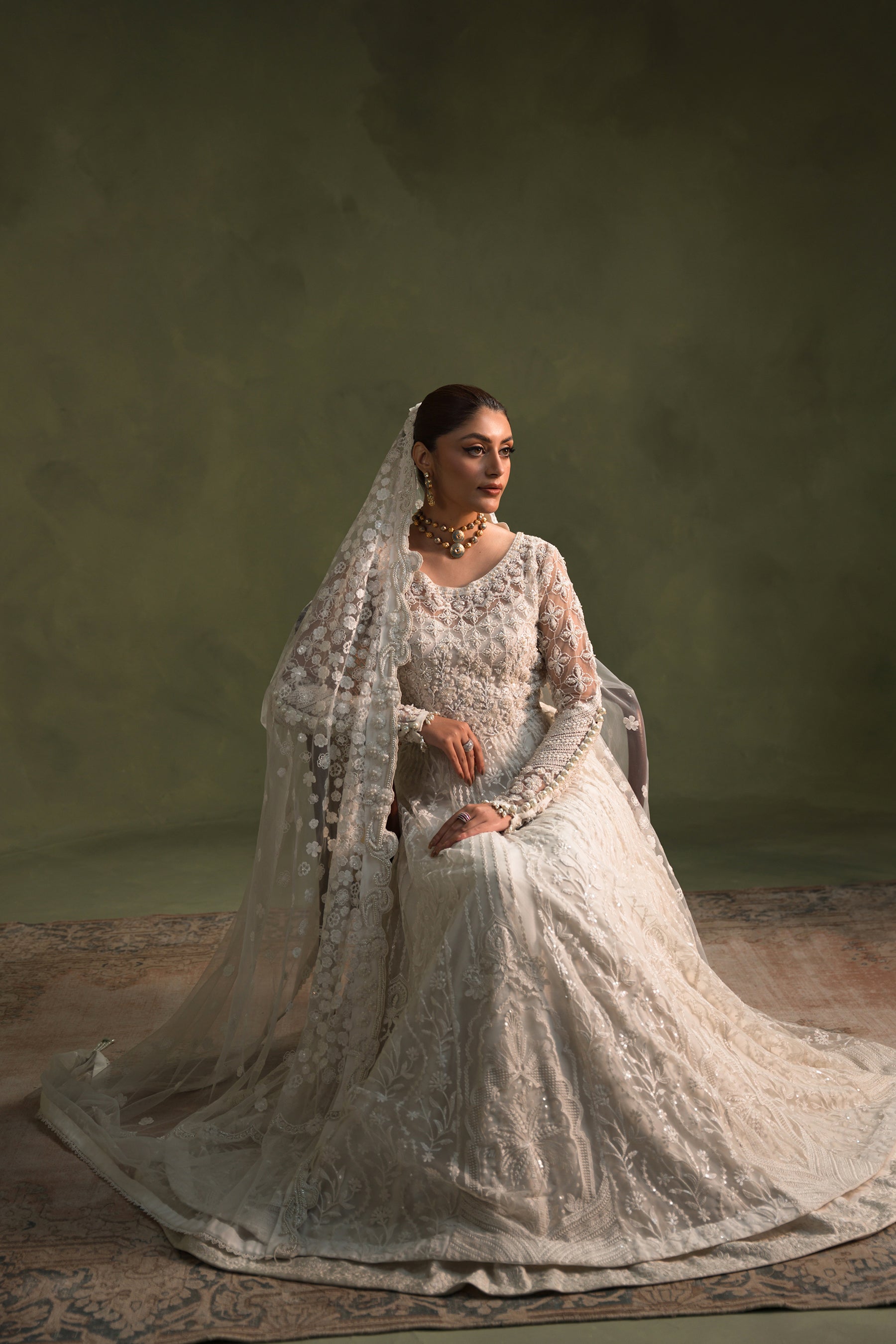 Pakistani Pearl Embroidered Net Silk Pishwas (3-Piece) - Image 4