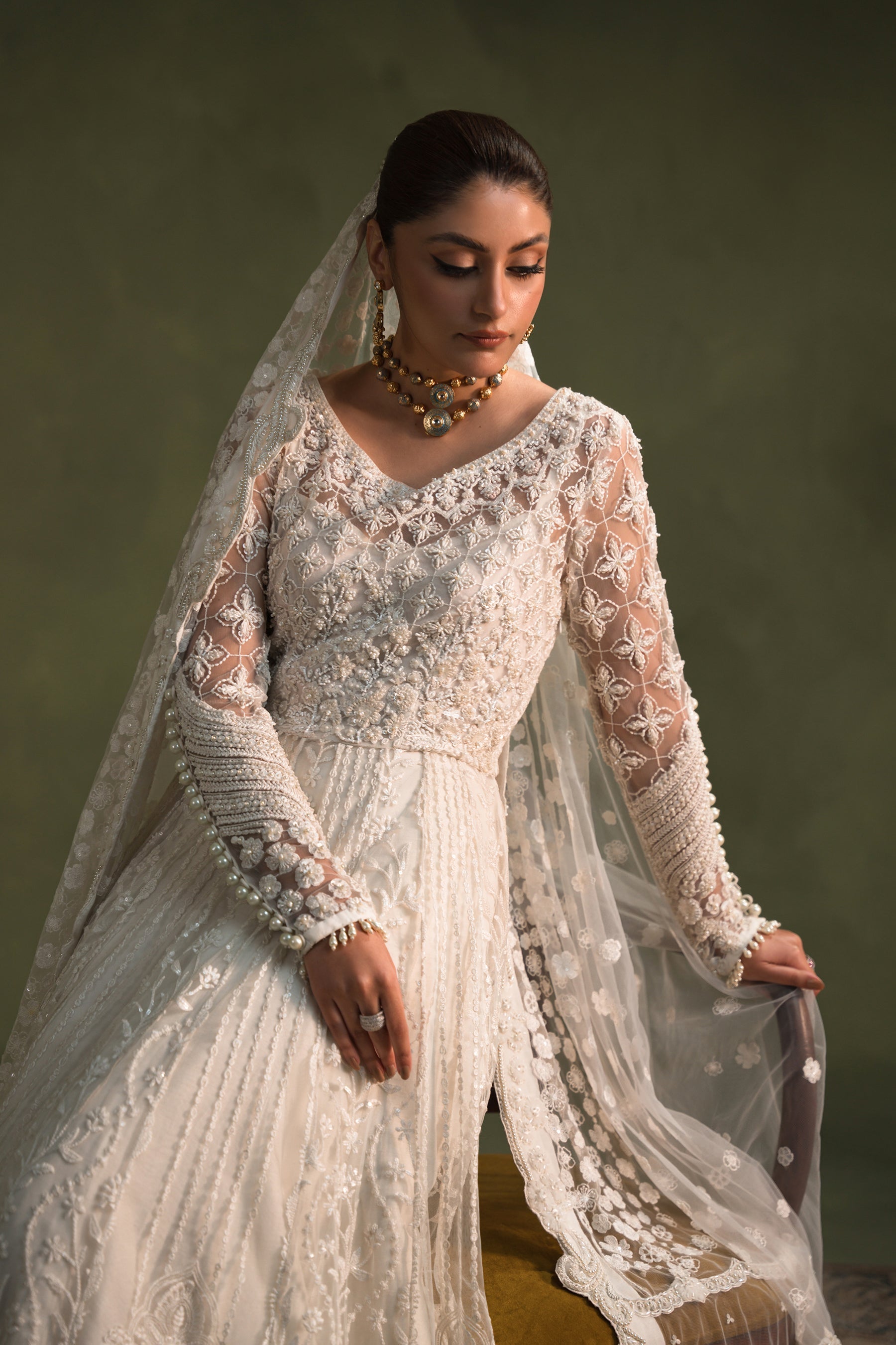 Pakistani Pearl Embroidered Net Silk Pishwas (3-Piece) - Image 9