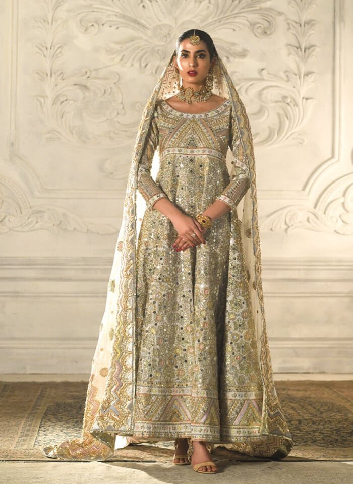 Pakistani Pastel Gota & Mirror Work Silk Pishwas (3-Piece) - Image 1