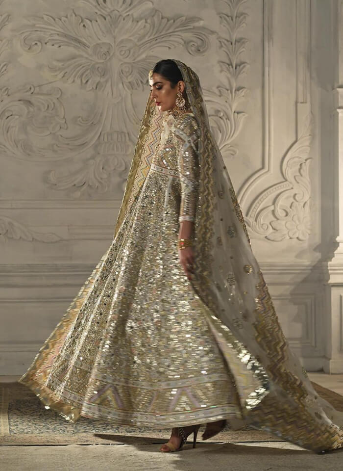 Pakistani Pastel Gota & Mirror Work Silk Pishwas (3-Piece) - Image 3