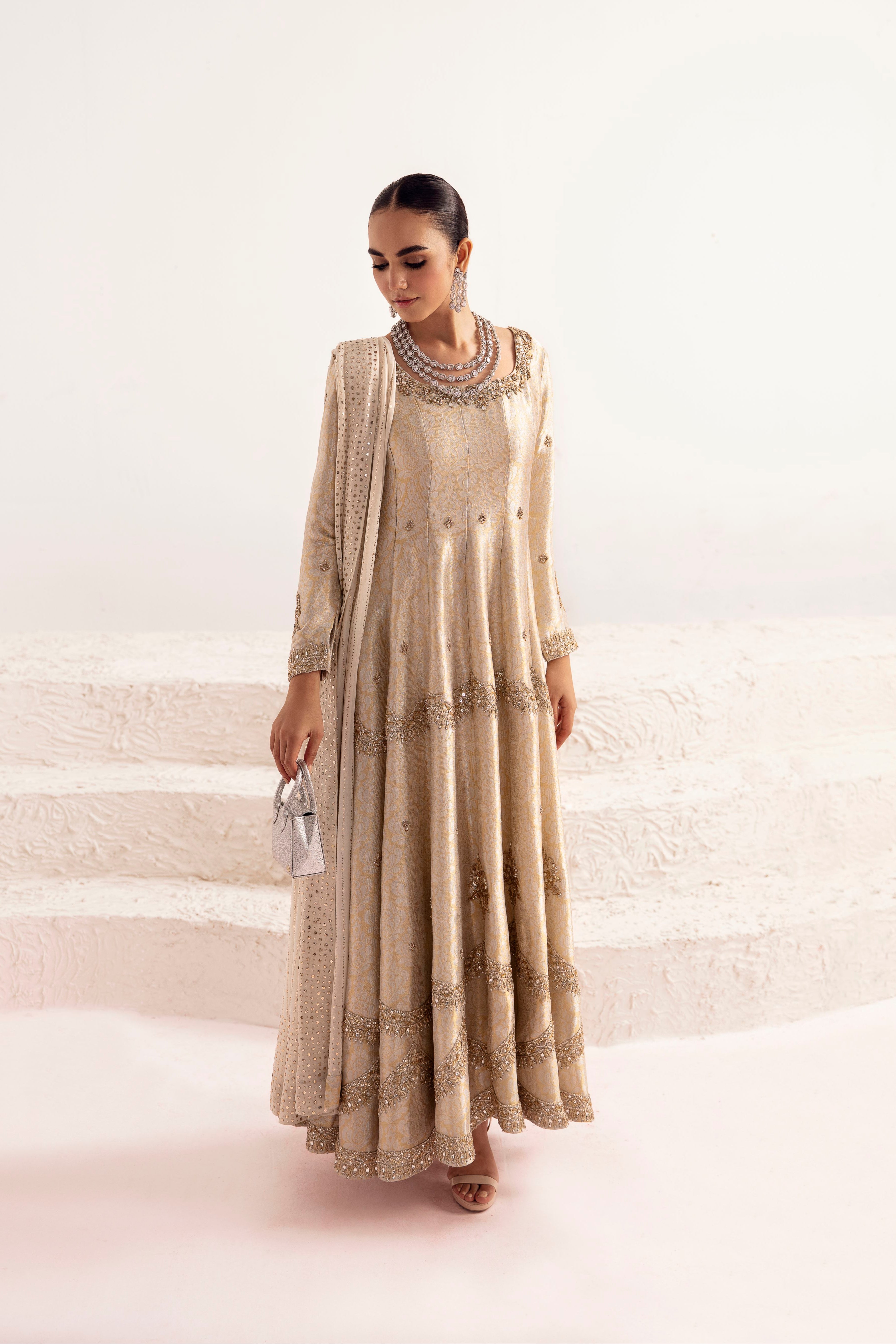 Antique White Zardozi Silk Jamawar Pishwas (3-Piece) - Image 1