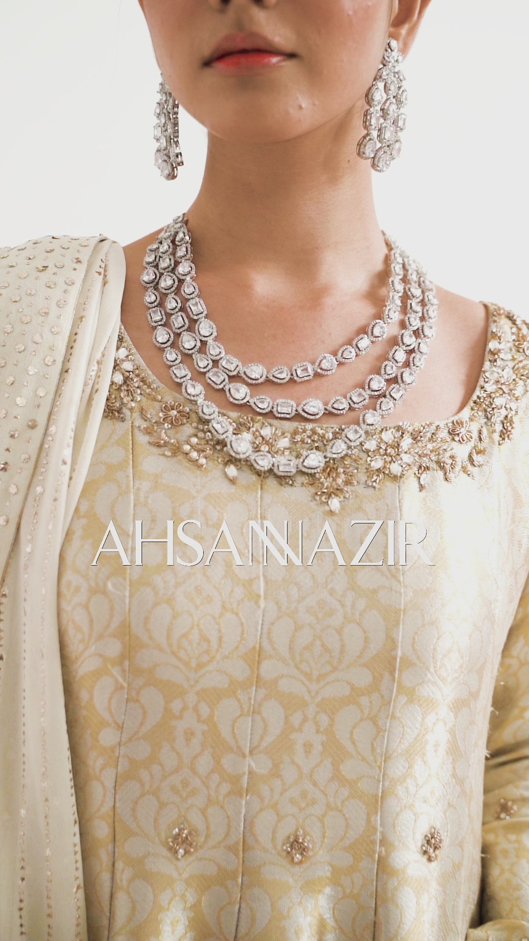 Antique White Zardozi Silk Jamawar Pishwas (3-Piece) - Image 6