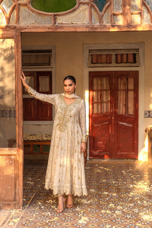 Ivory Resham Mirror Mukesh Silk Net Pishwas (3-Piece) - Image 1