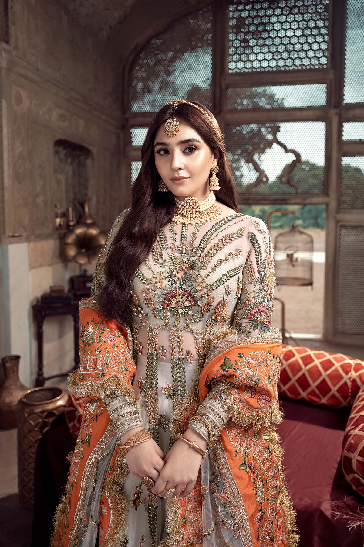 Pakistani Ivory Orange Embroidered Silk Net Pishwas (3-Piece) - Image 1