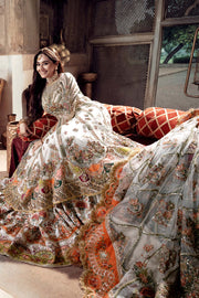 Pakistani Ivory Orange Embroidered Silk Net Pishwas (3-Piece) - Image 2