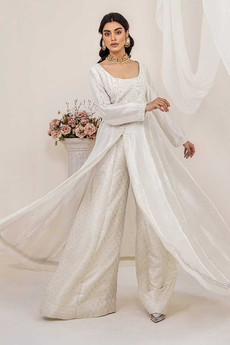 Ivory Embroidered Silk Tissue Pishwas Dress (3-Piece) - Image 1