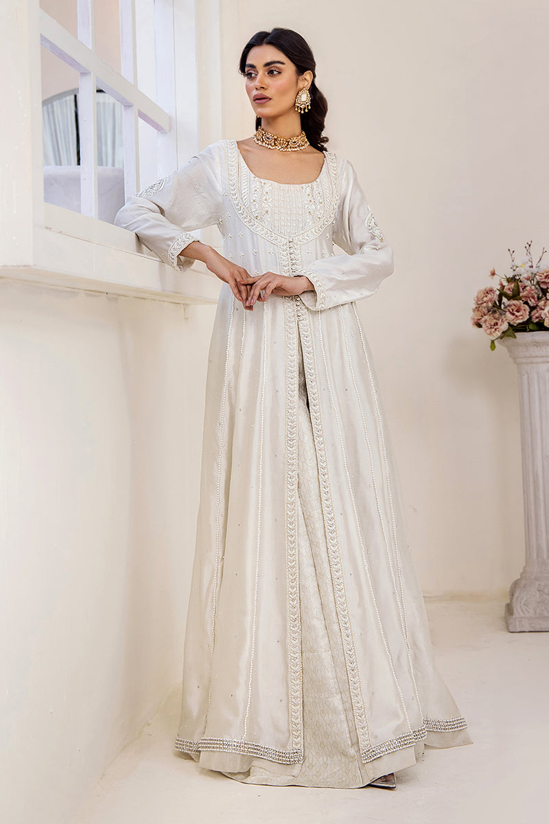 Ivory Embroidered Silk Tissue Pishwas Dress (3-Piece) - Image 3