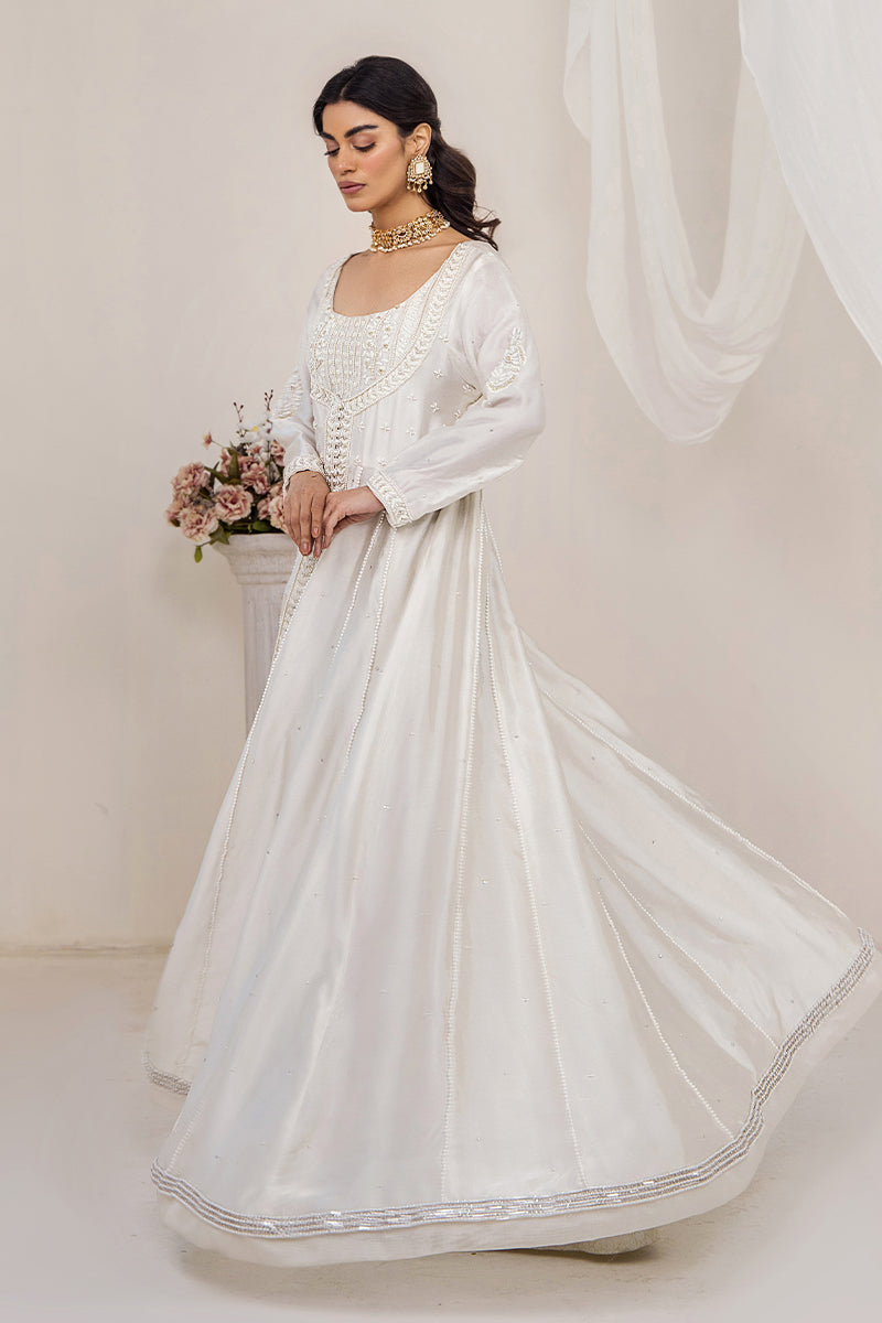 Ivory Embroidered Silk Tissue Pishwas Dress (3-Piece) - Image 4