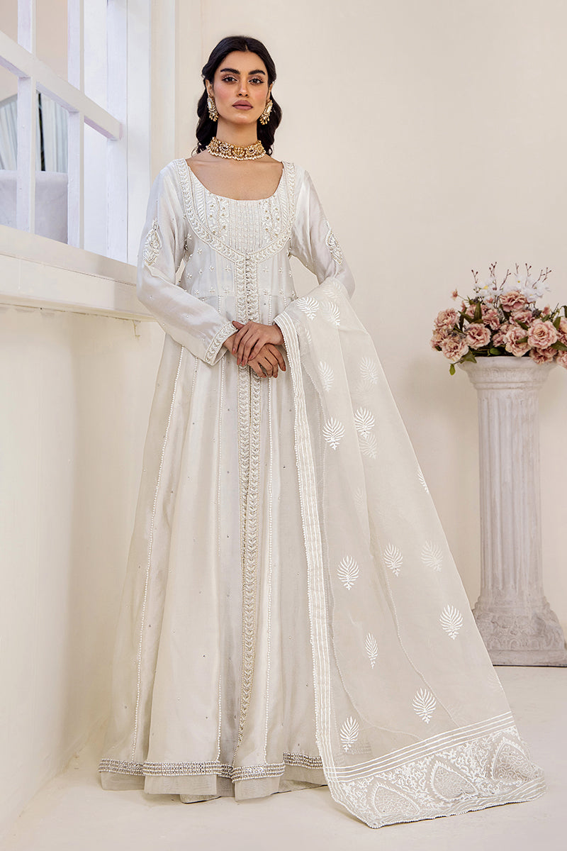 Ivory Embroidered Silk Tissue Pishwas Dress (3-Piece) - Image 5
