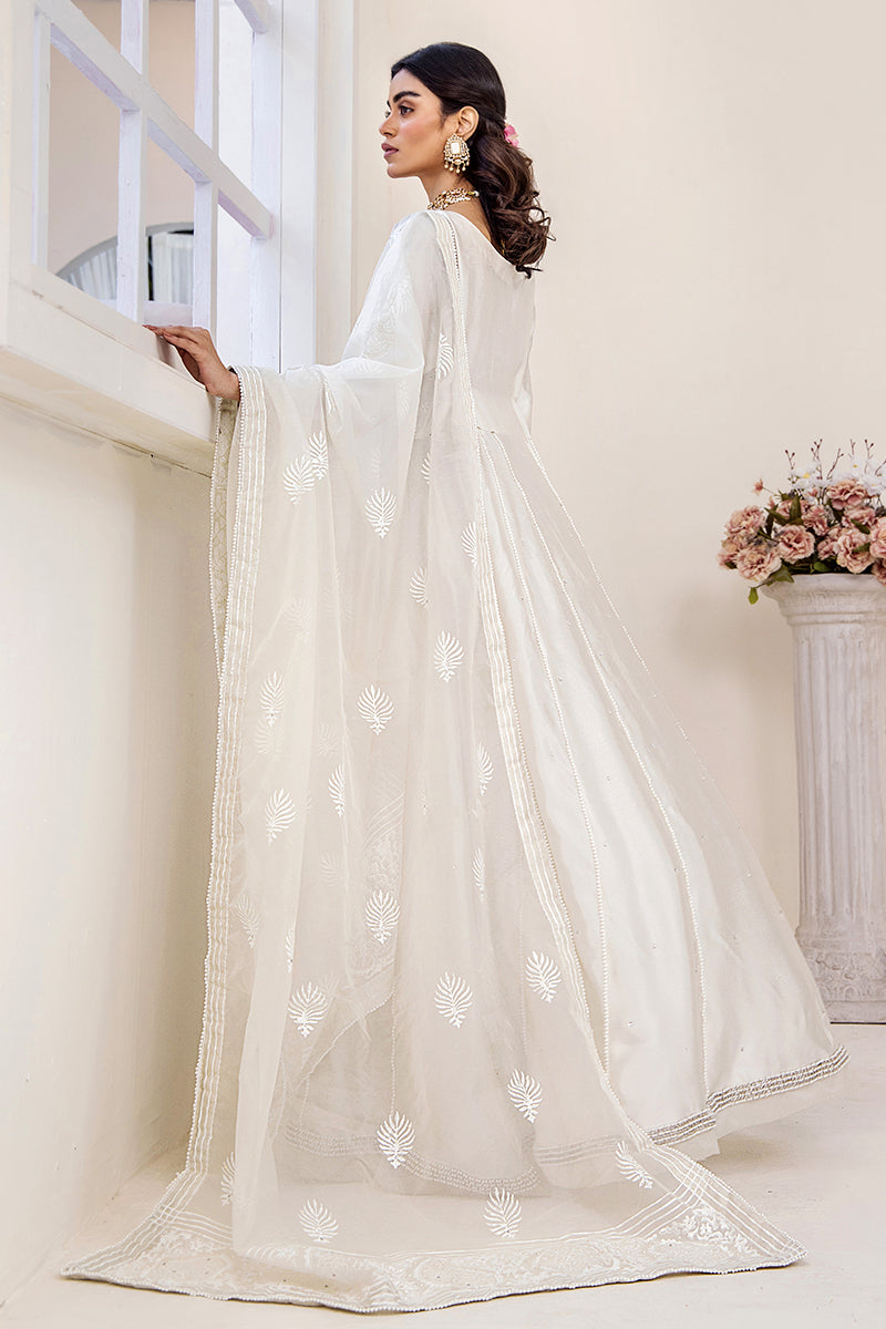 Ivory Embroidered Silk Tissue Pishwas Dress (3-Piece) - Image 6