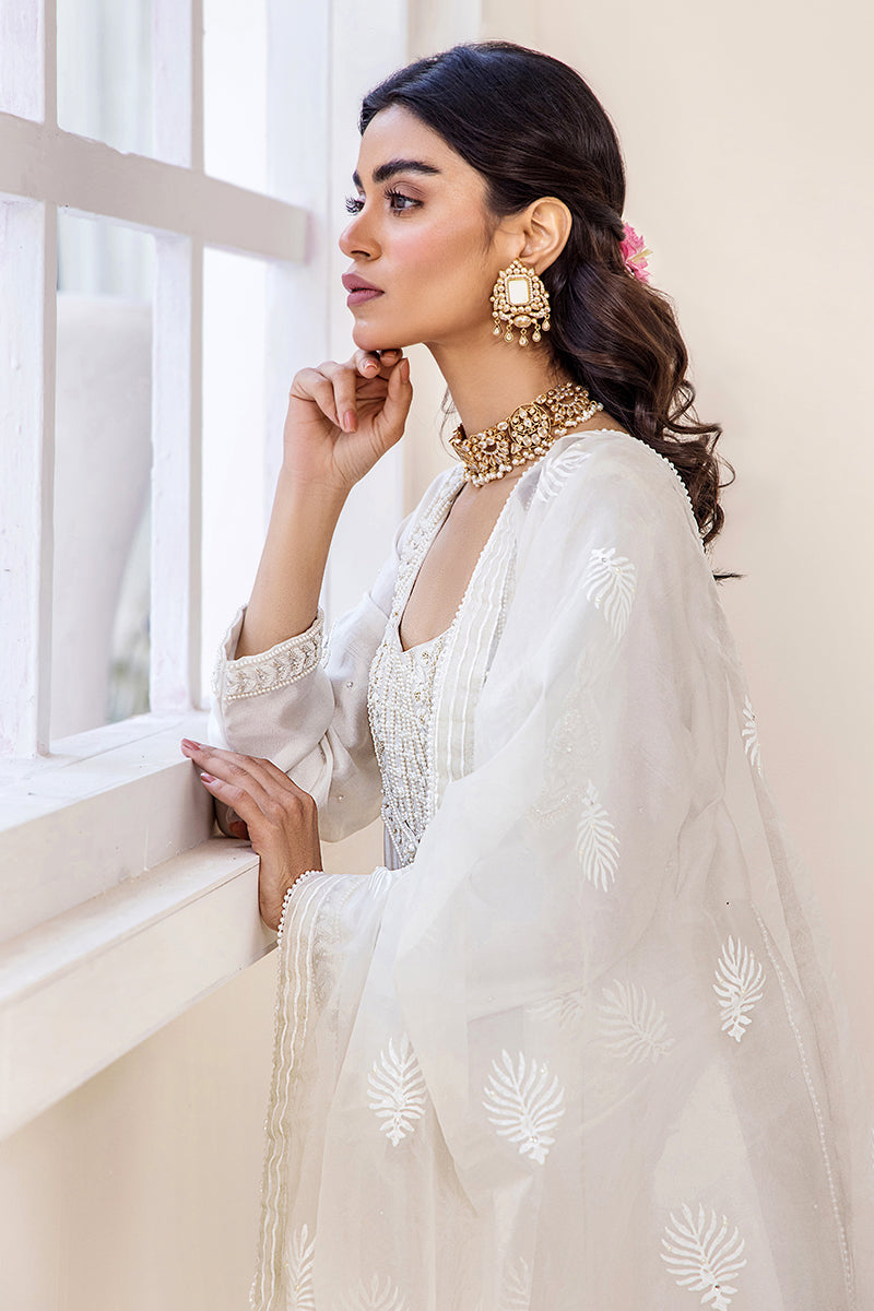 Ivory Embroidered Silk Tissue Pishwas Dress (3-Piece) - Image 7