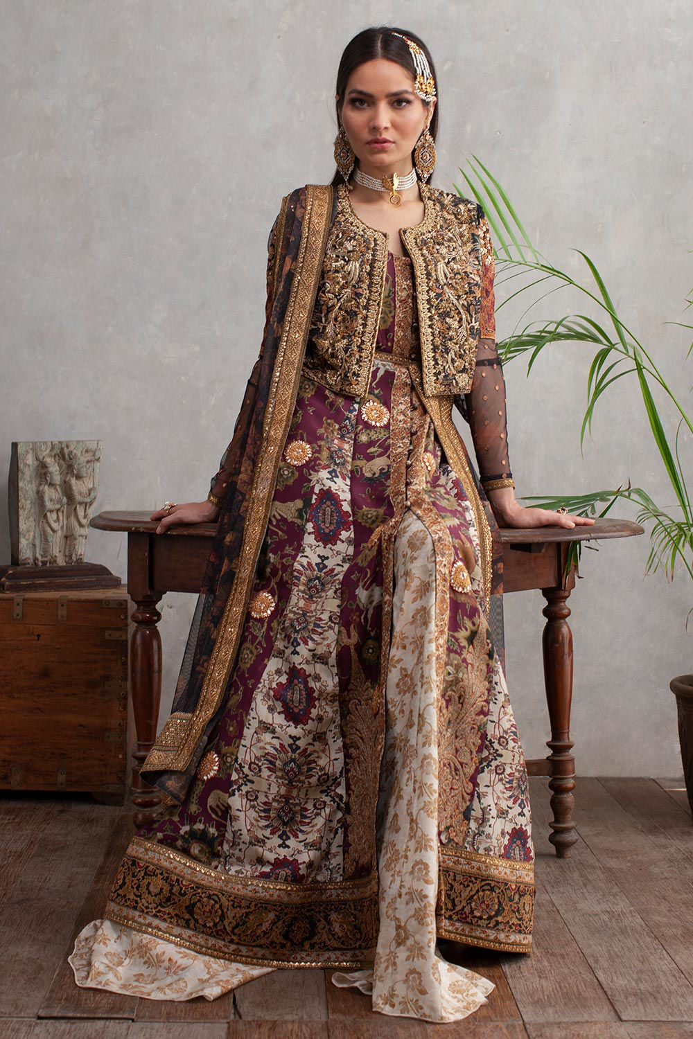 Pakistani Ivory Multi Embroidered Silk Pishwas Dress (4-Piece) - Image 1