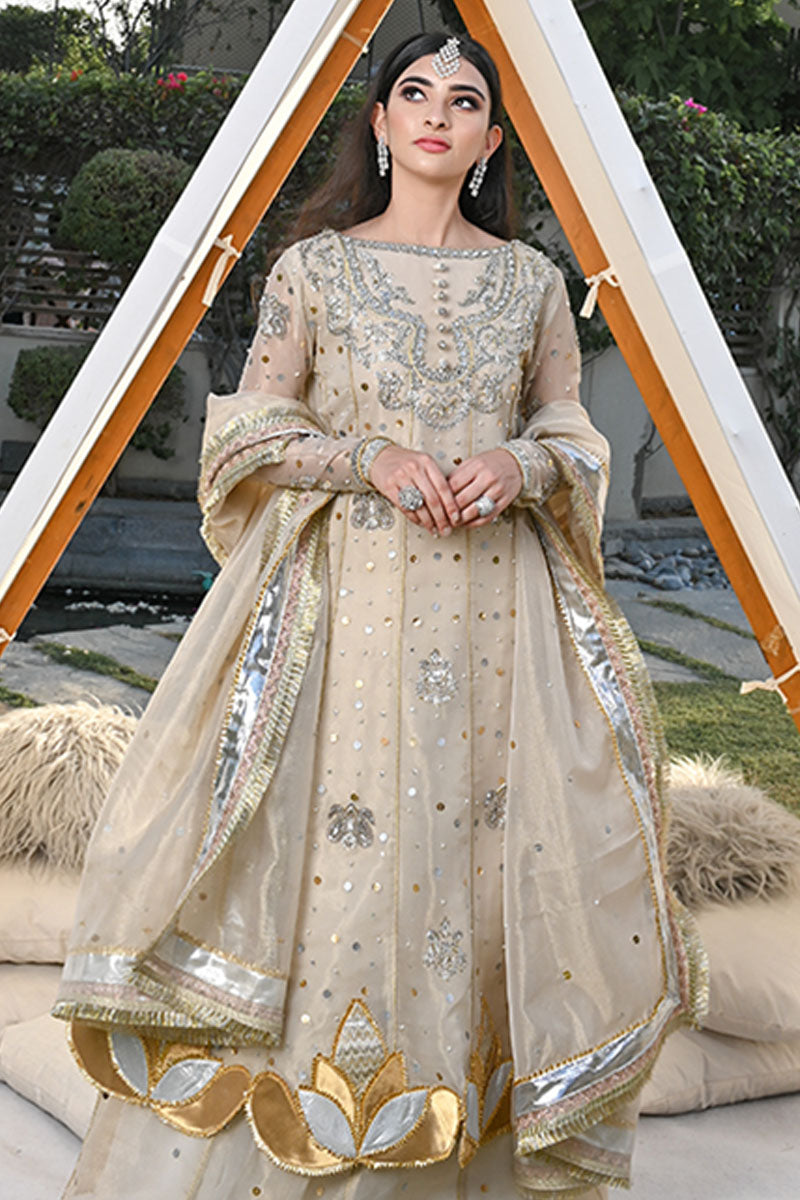 Pakistani Ivory Mirror & Zardozi Silk Pishwas (3-Piece) - Image 1