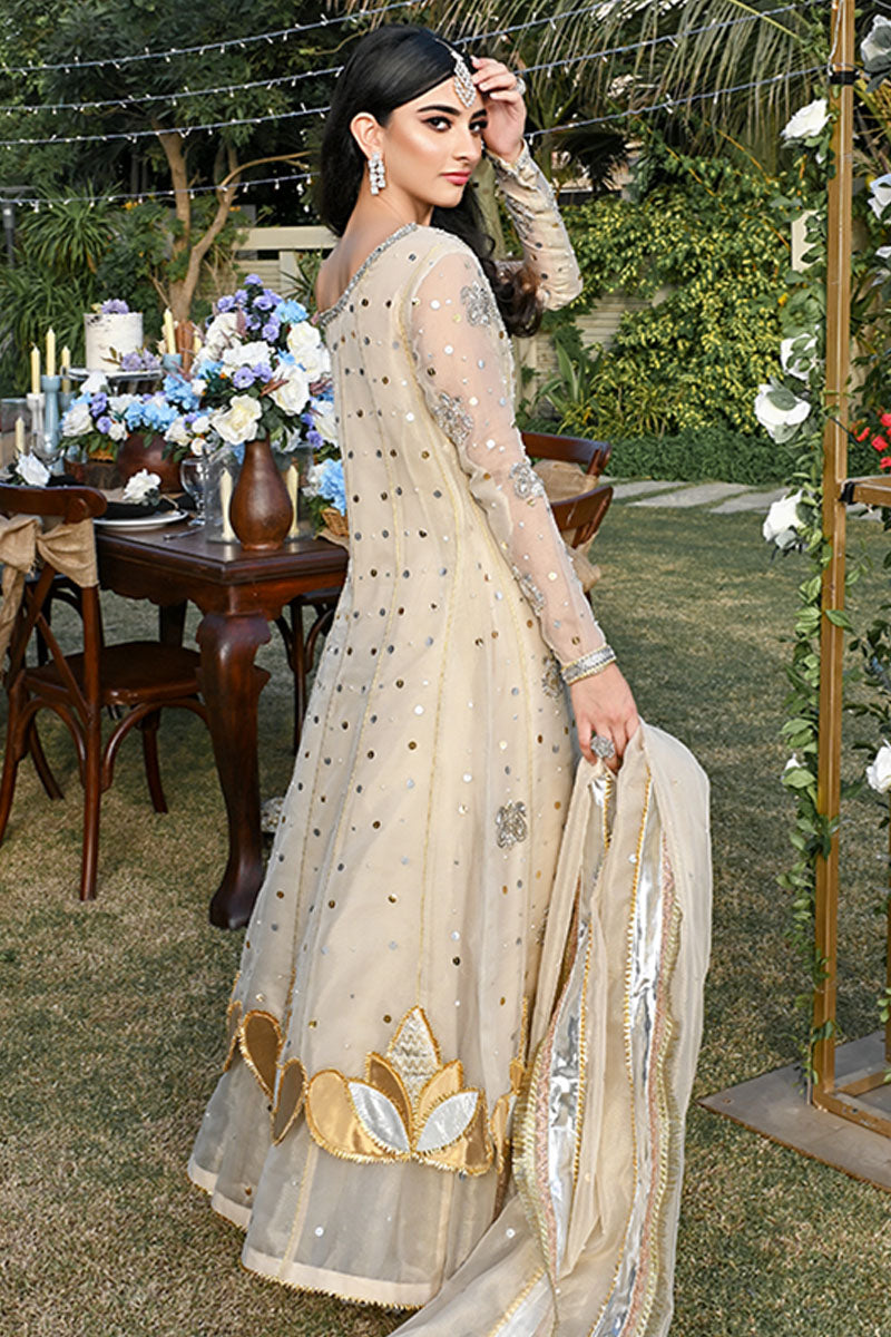 Pakistani Ivory Mirror & Zardozi Silk Pishwas (3-Piece) - Image 7