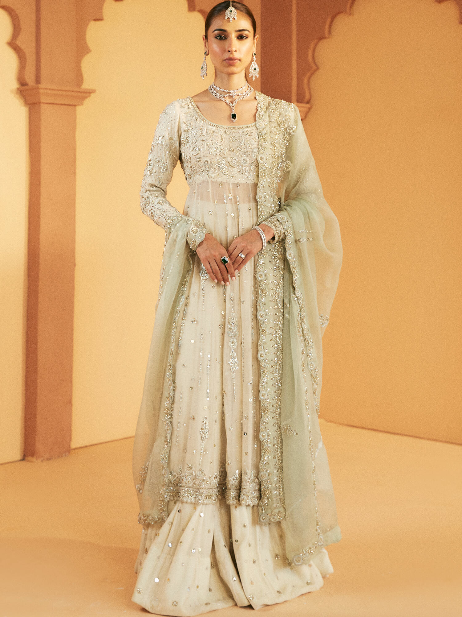 Ivory Resham Zardozi Spun Net Pishwas (3-Piece) - Image 1