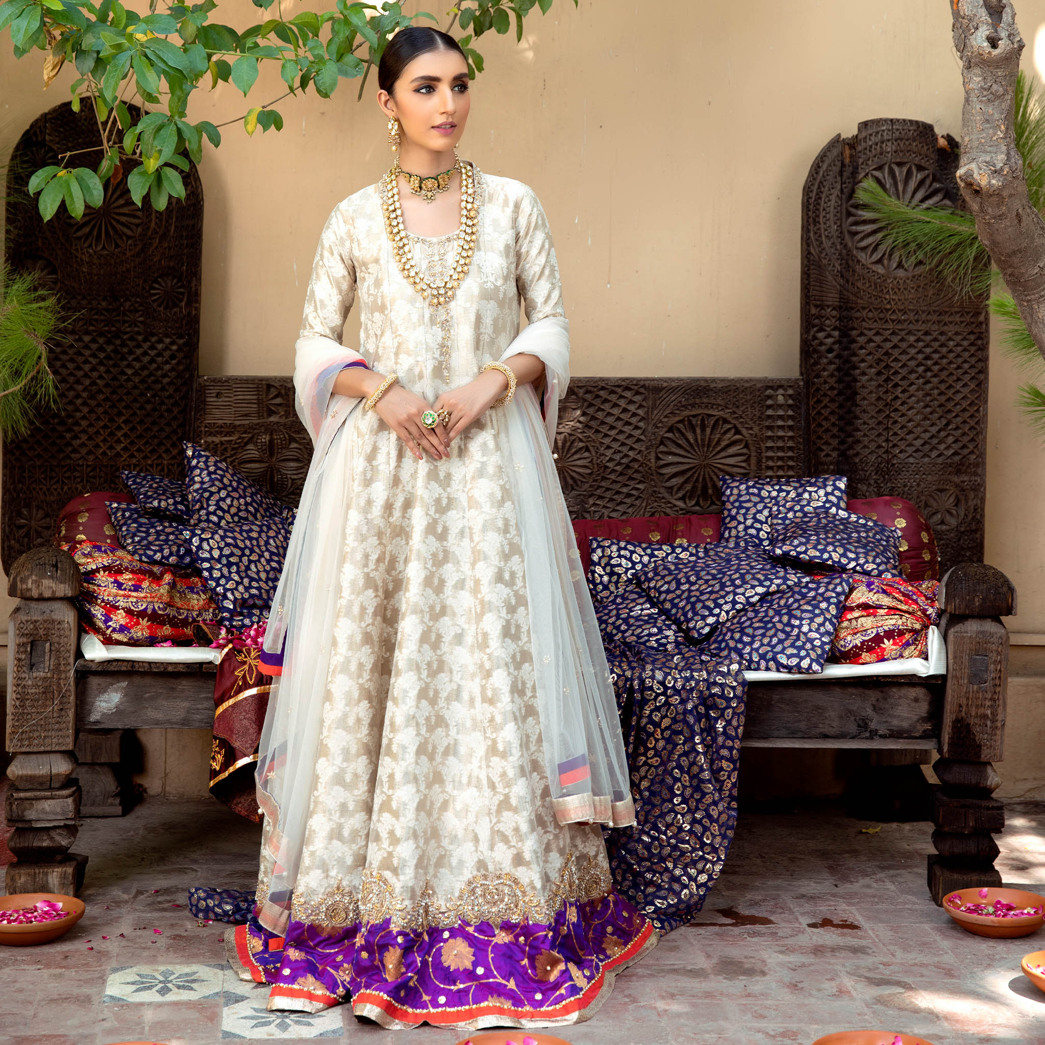 Ivory Embroidered Tissue Brocade Pishwas (3-Piece) - Image 1