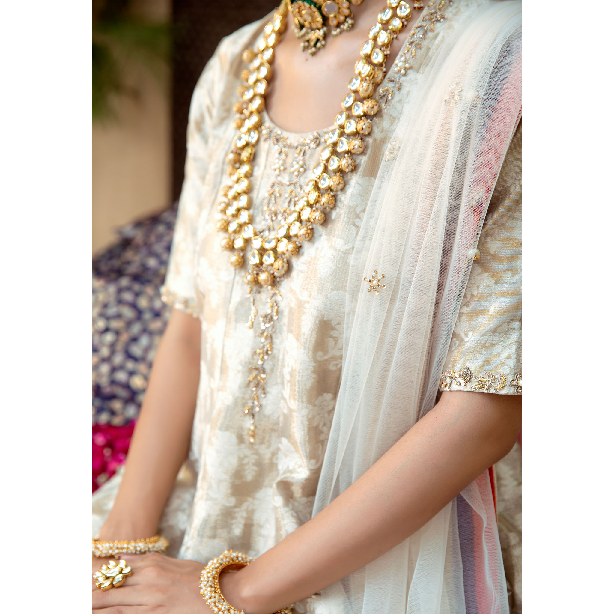 Ivory Embroidered Tissue Brocade Pishwas (3-Piece) - Image 4