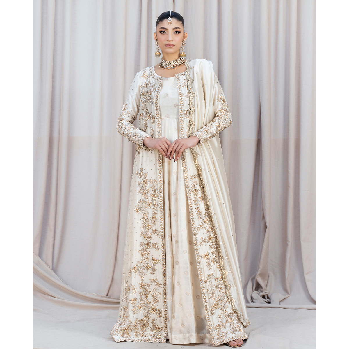 Ivory Hand-Embellished Tissue Silk Pishwas Gown (3-Piece) - Image 1