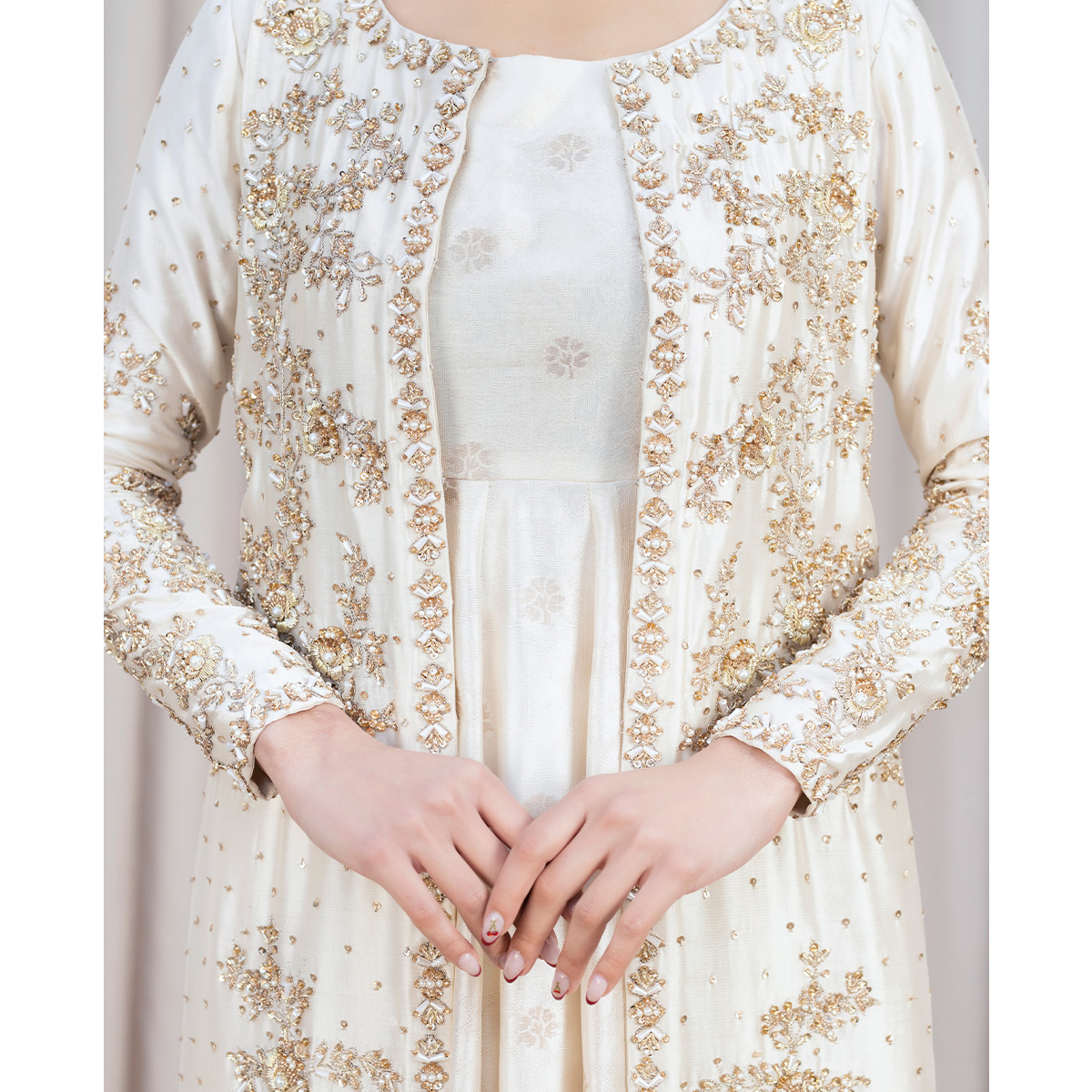 Ivory Hand-Embellished Tissue Silk Pishwas Gown (3-Piece) - Image 2