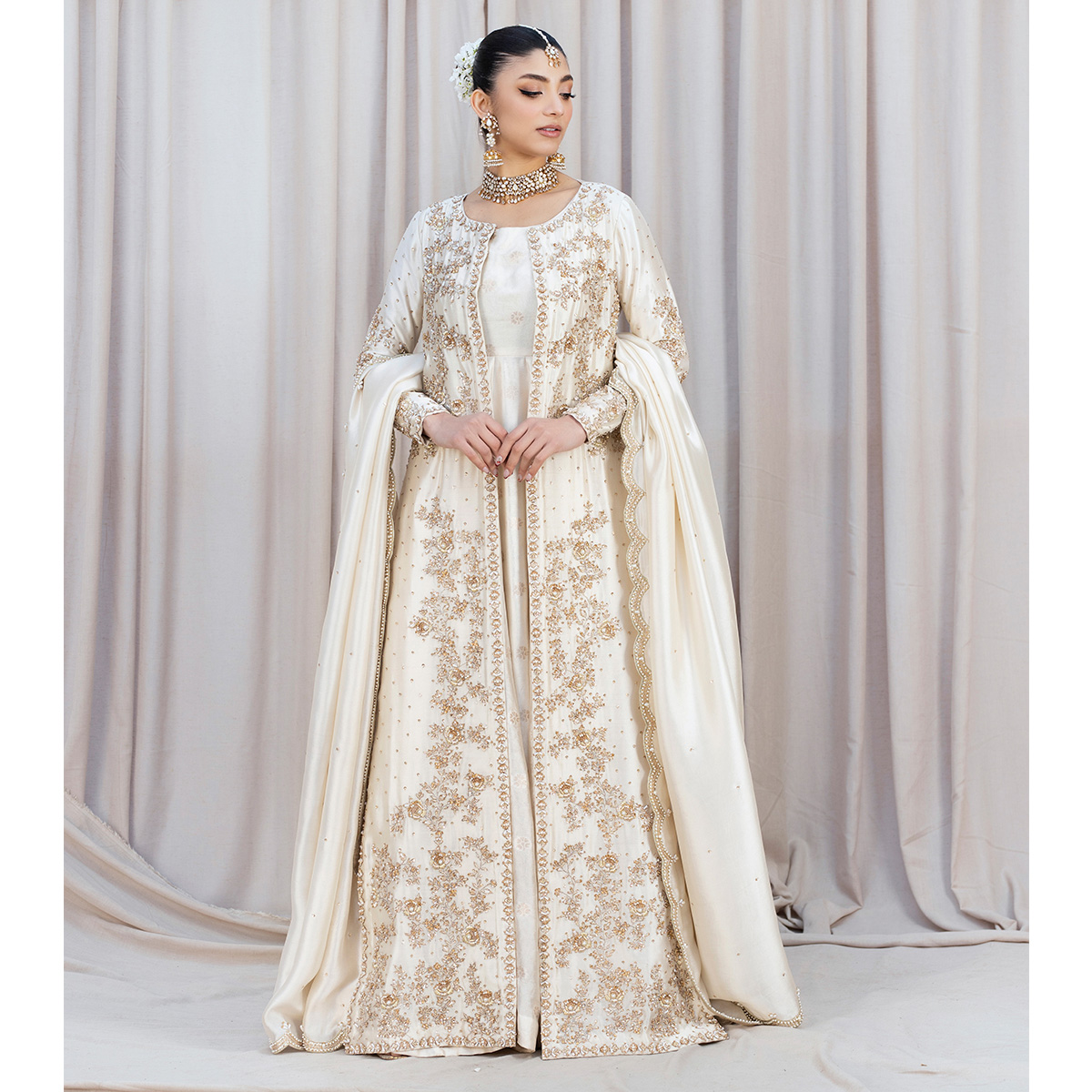 Ivory Hand-Embellished Tissue Silk Pishwas Gown (3-Piece) - Image 3