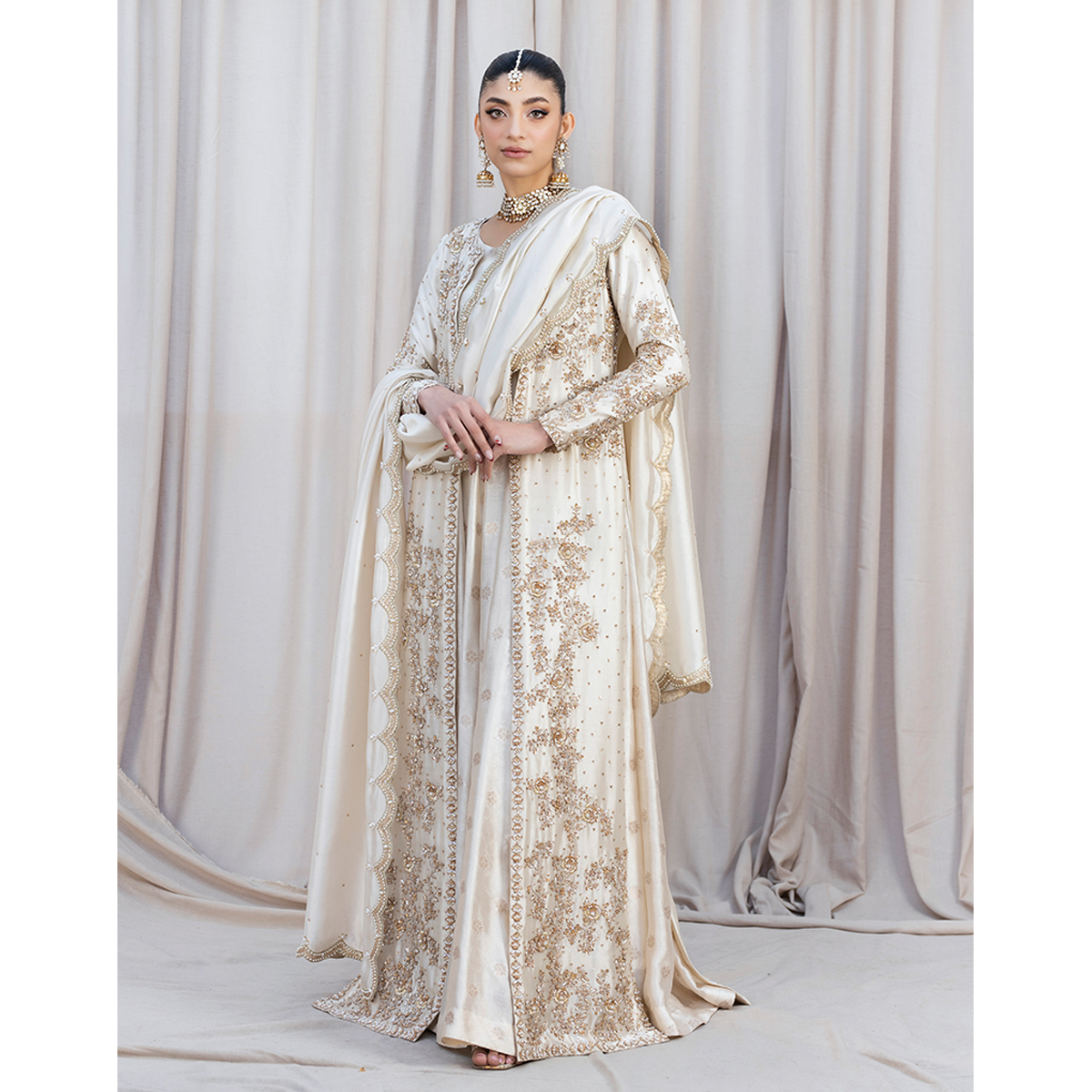 Ivory Hand-Embellished Tissue Silk Pishwas Gown (3-Piece) - Image 5