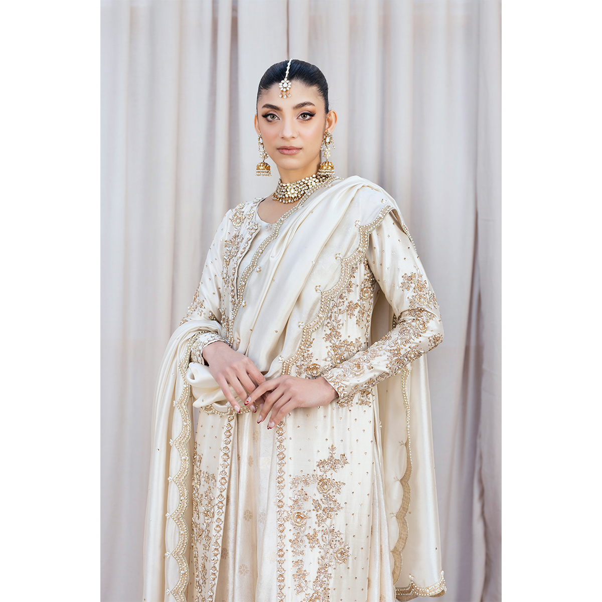 Ivory Hand-Embellished Tissue Silk Pishwas Gown (3-Piece) - Image 6