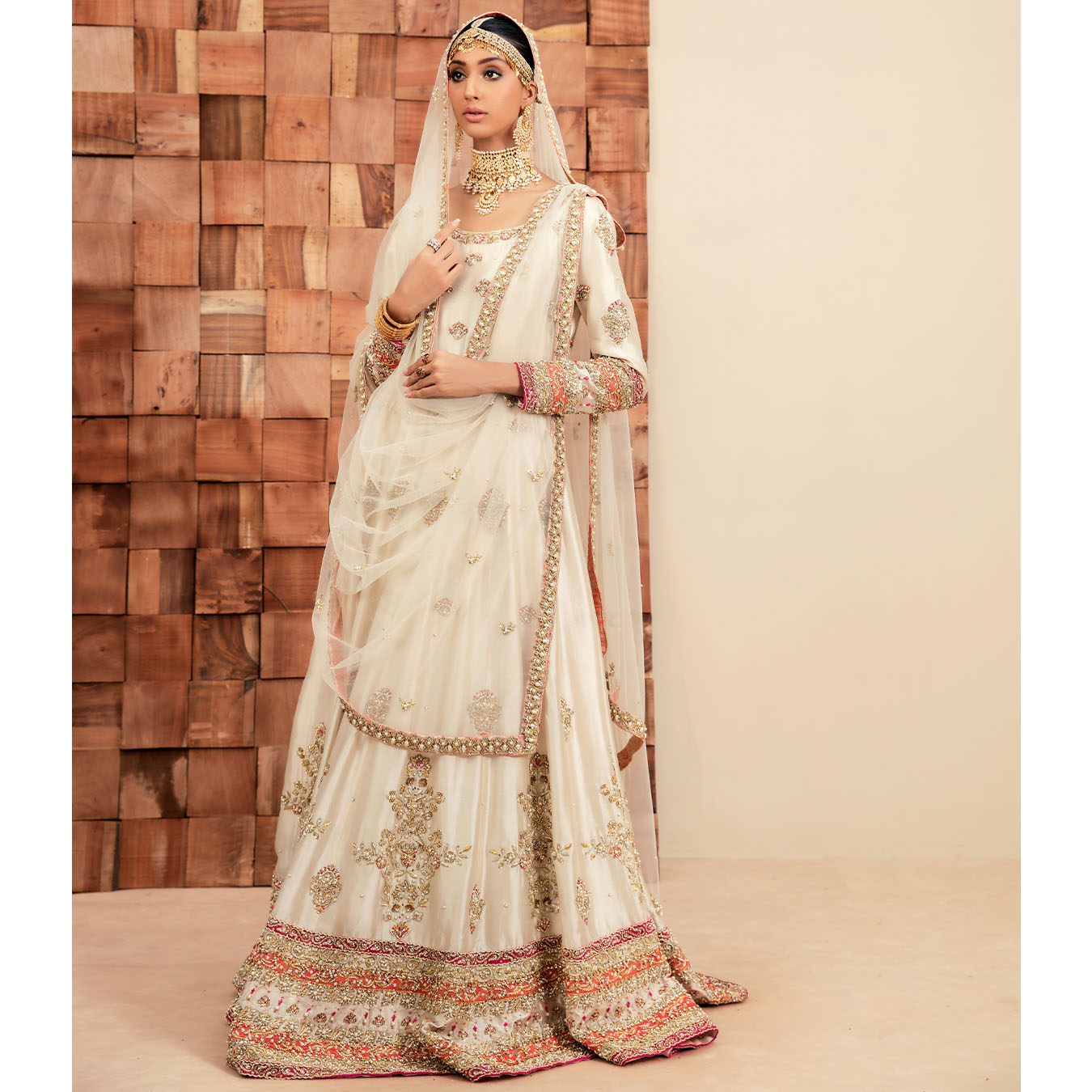 Pakistani Ivory Zardozi Resham Tissue Silk Pishwas (2-Piece) - Image 1