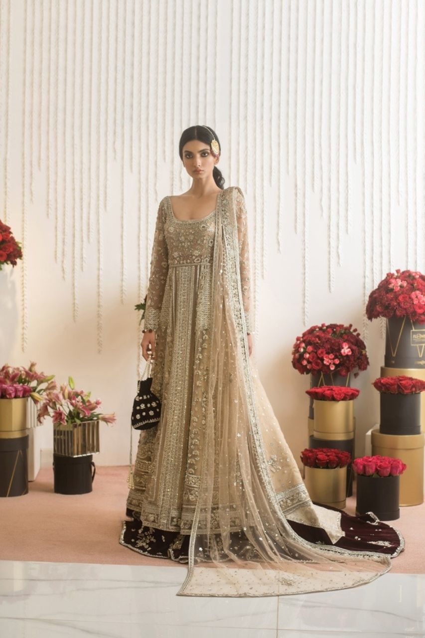 Pakistani Bone Maal Zardozi Tulle Pishwas Dress (3-Piece) - Image 1