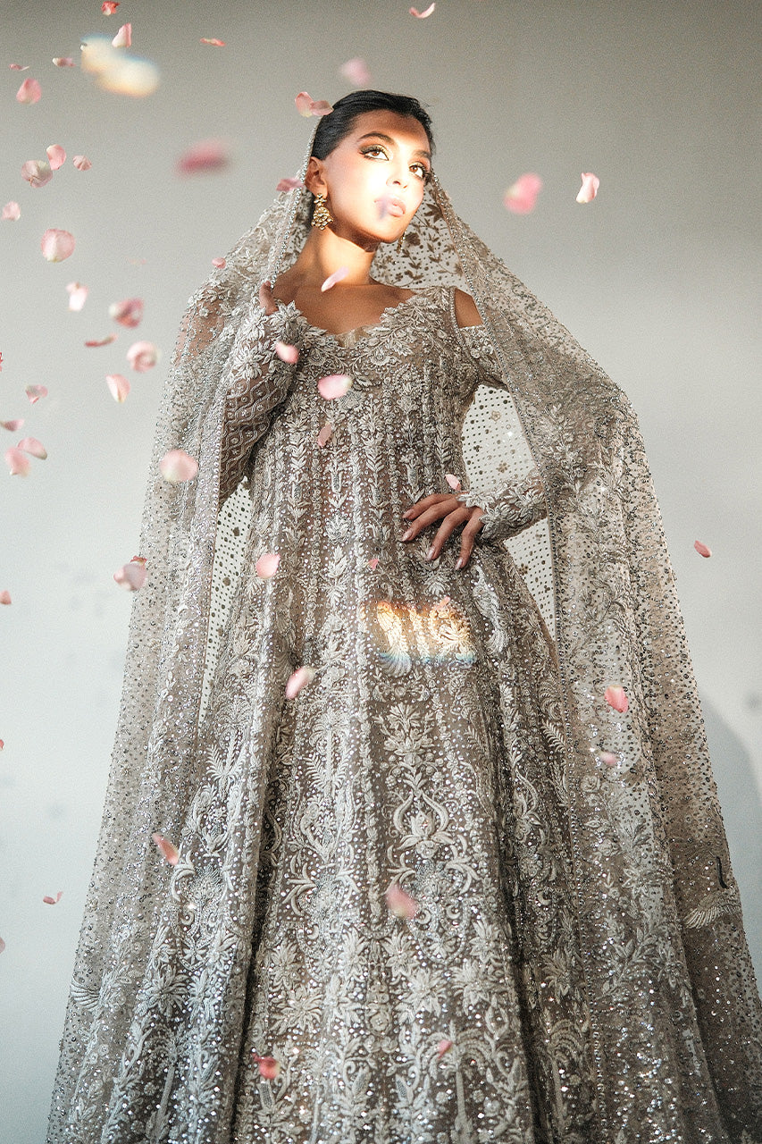 Bone Hand-Embroidered Tulle & Brocade Pishwas (3-Piece) - Image 2