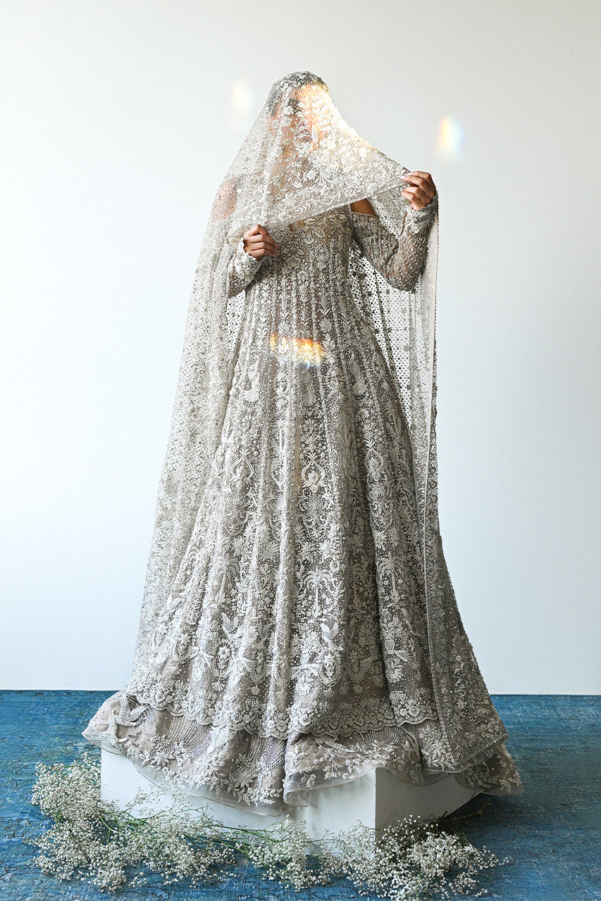 Bone Hand-Embroidered Tulle & Brocade Pishwas (3-Piece) - Image 3