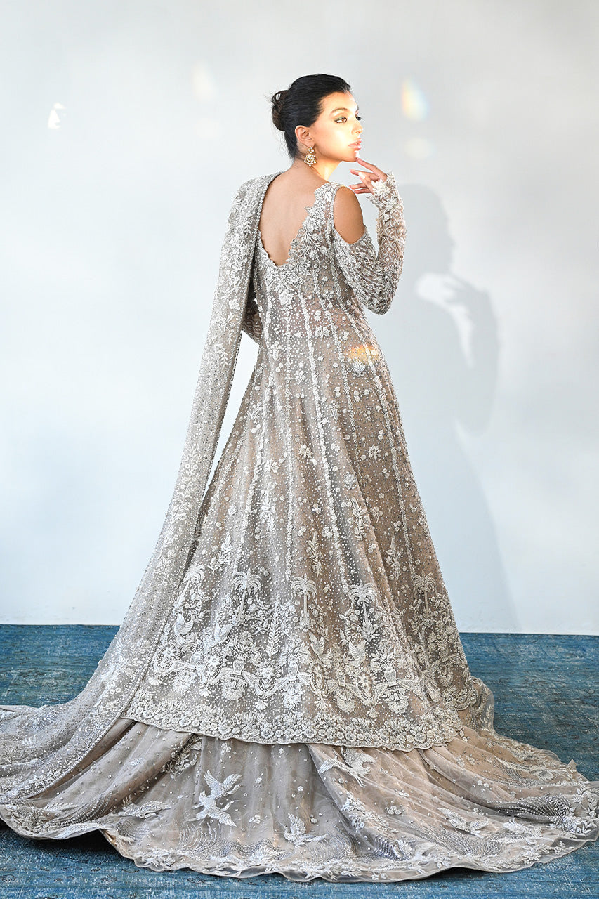 Bone Hand-Embroidered Tulle & Brocade Pishwas (3-Piece) - Image 4