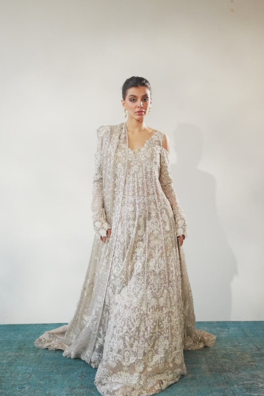 Bone Hand-Embroidered Tulle & Brocade Pishwas (3-Piece) - Image 5