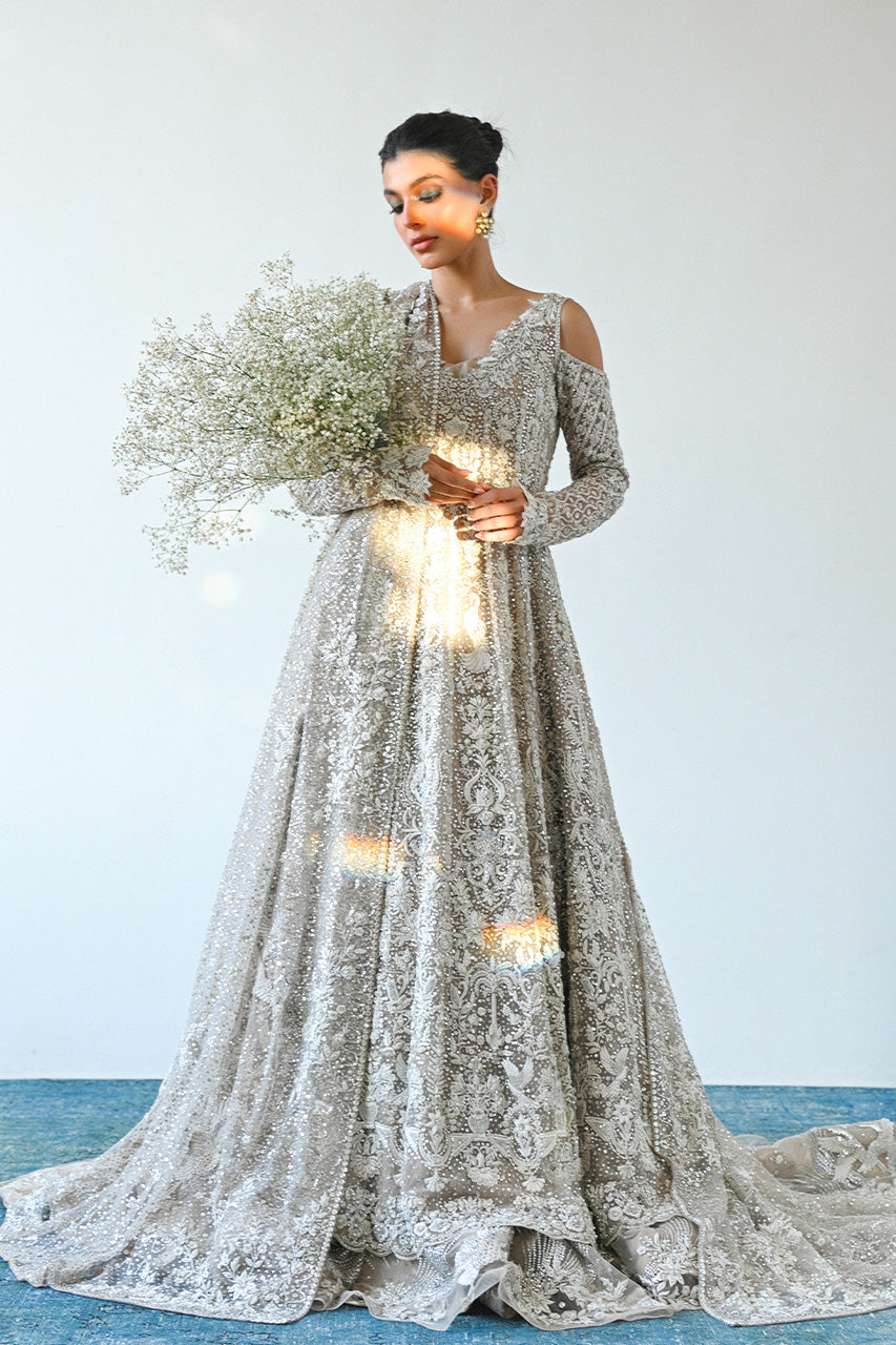 Bone Hand-Embroidered Tulle & Brocade Pishwas (3-Piece) - Image 6