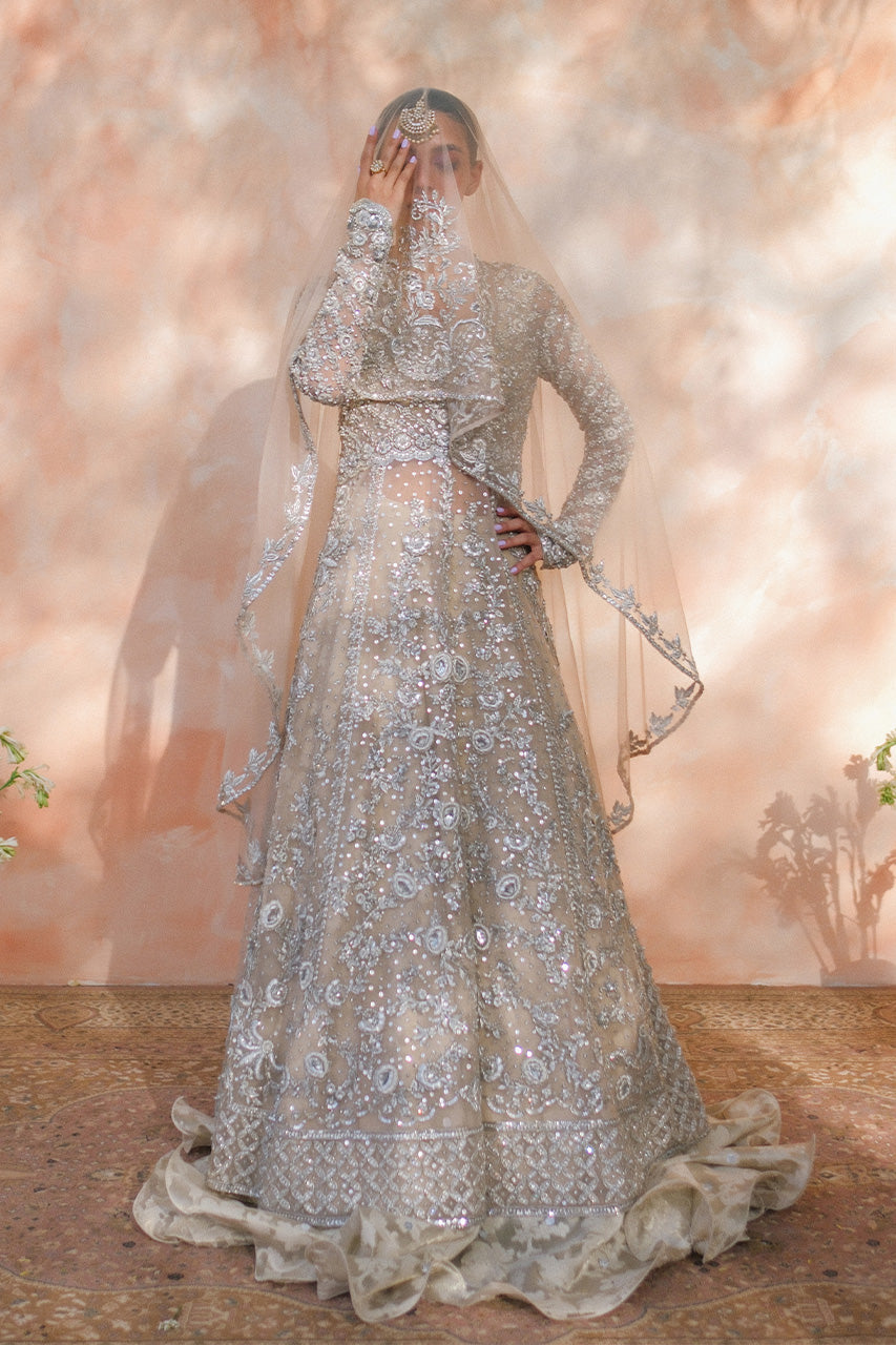 Pakistani Bone Zardozi Resham Tulle Pishwas Dress (3-Piece) - Image 1