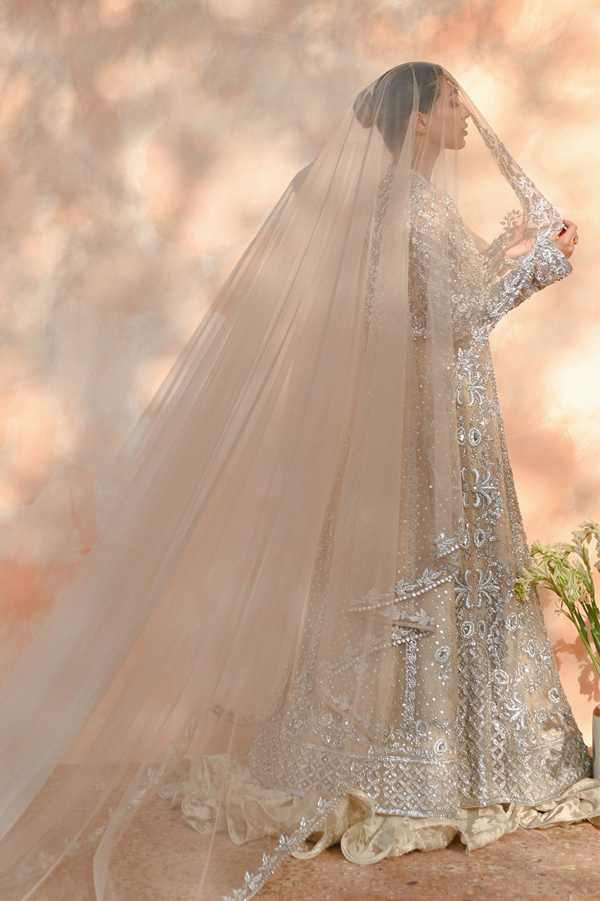 Pakistani Bone Zardozi Resham Tulle Pishwas Dress (3-Piece) - Image 10