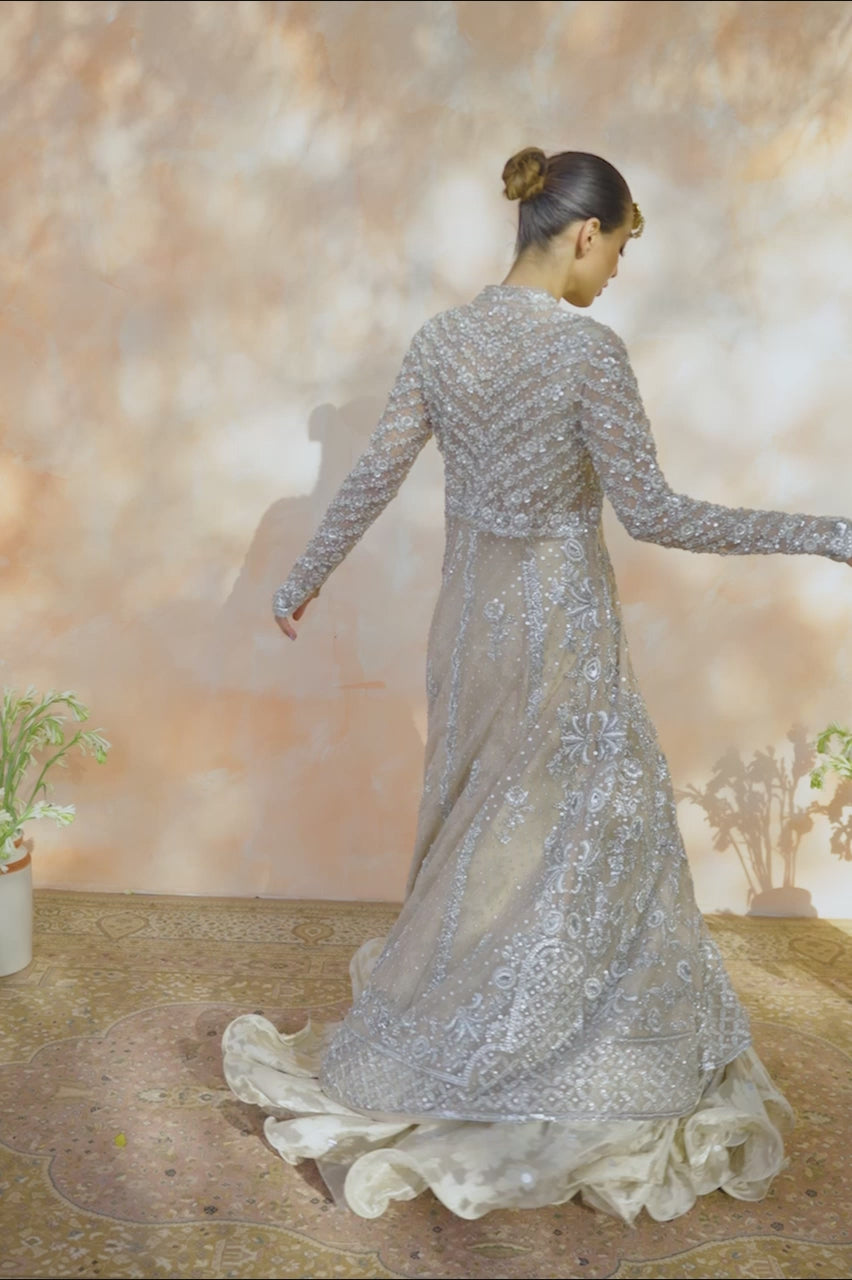 Pakistani Bone Zardozi Resham Tulle Pishwas Dress (3-Piece) - Image 11